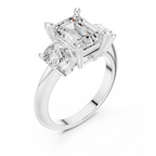 Emerald Cut Three Stone Diamond Engagement Ring with Round Side Stones