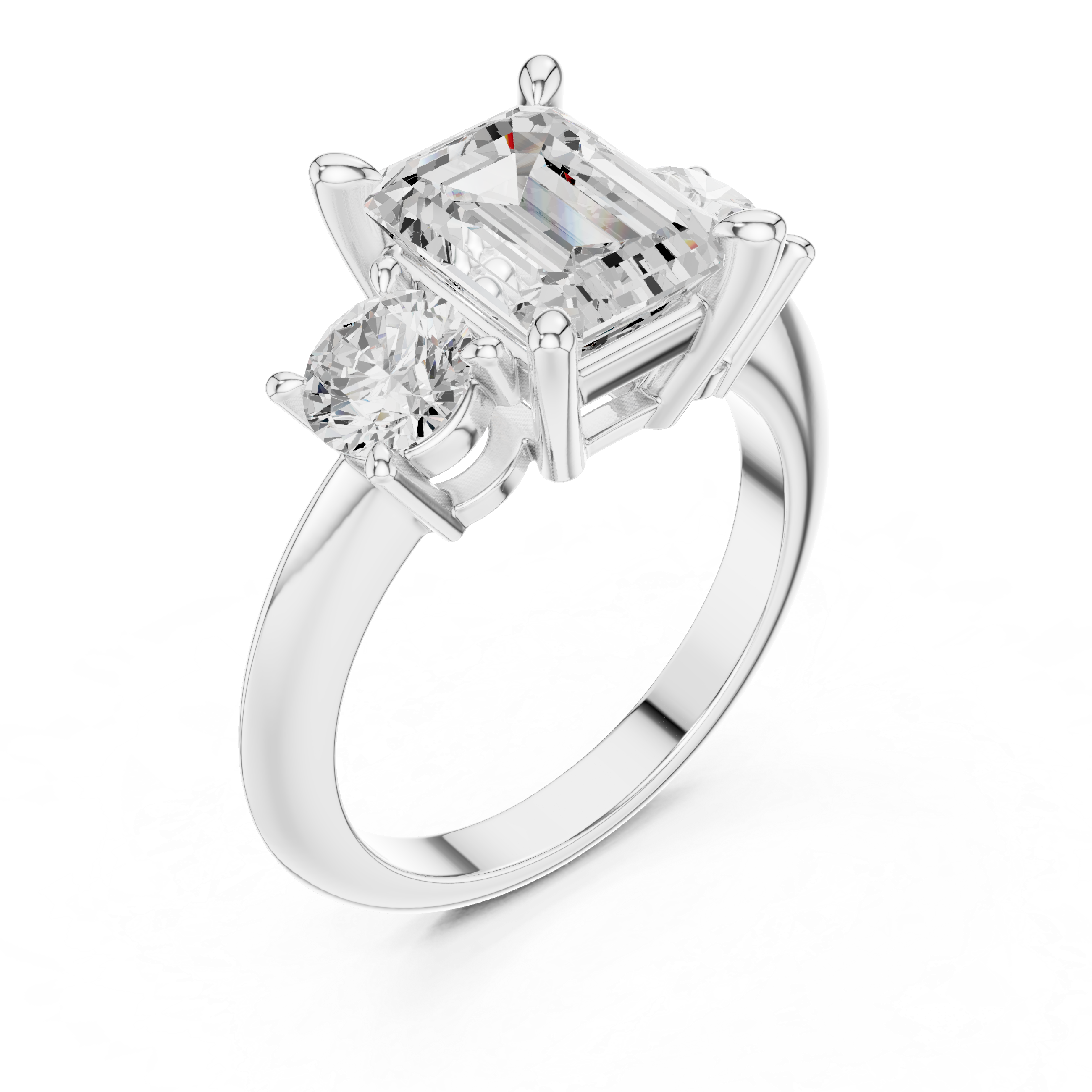 Emerald Cut Three Stone Diamond Engagement Ring with Round Side Stones