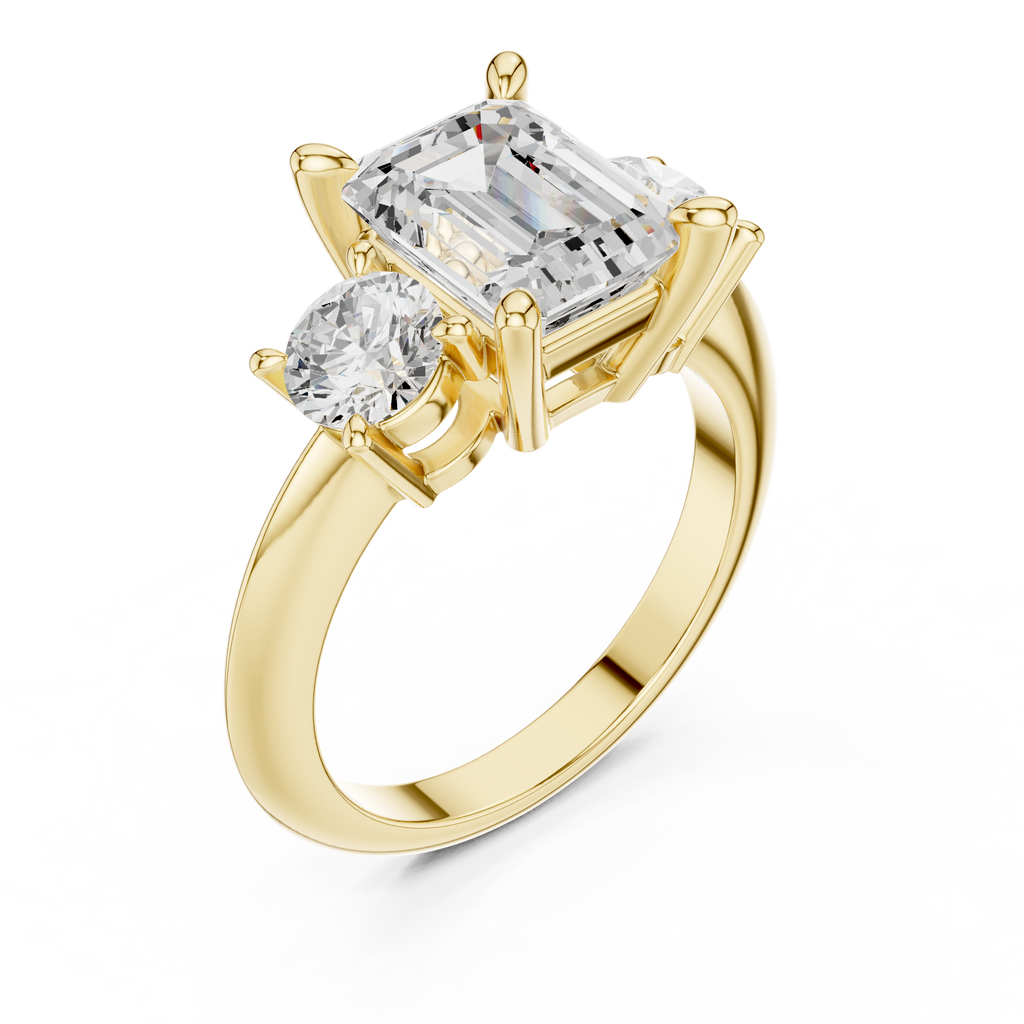Emerald Cut Three Stone Diamond Engagement Ring with Round Side Stones