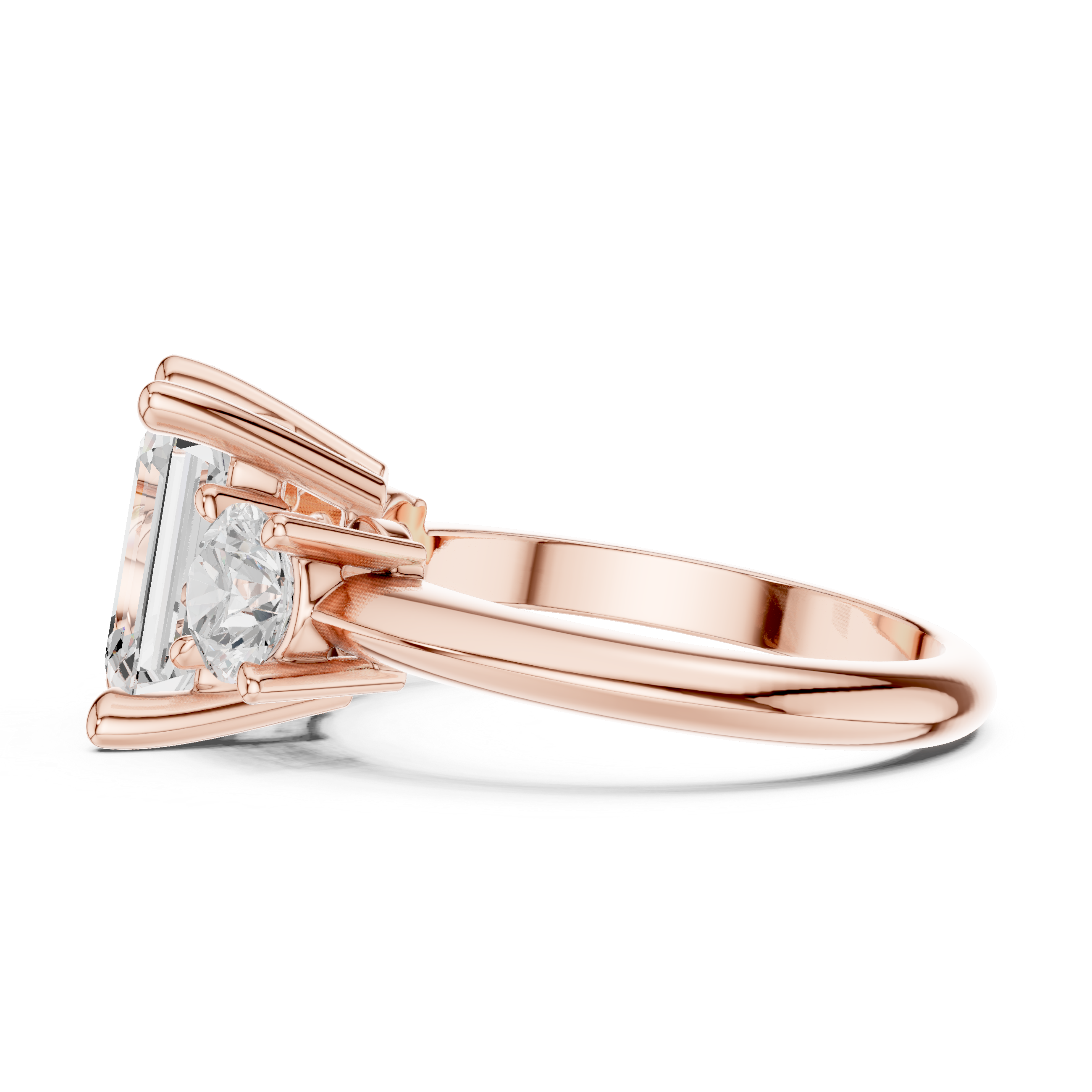 Emerald Cut Three Stone Diamond Engagement Ring with Round Side Stones