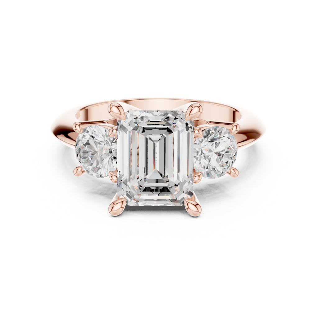 Emerald Cut Three Stone Diamond Engagement Ring with Round Side Stones