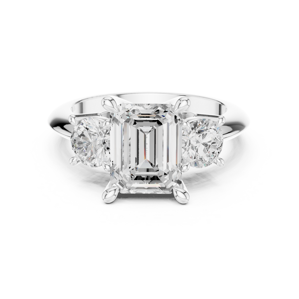 Emerald Cut Three Stone Diamond Engagement Ring with Round Side Stones