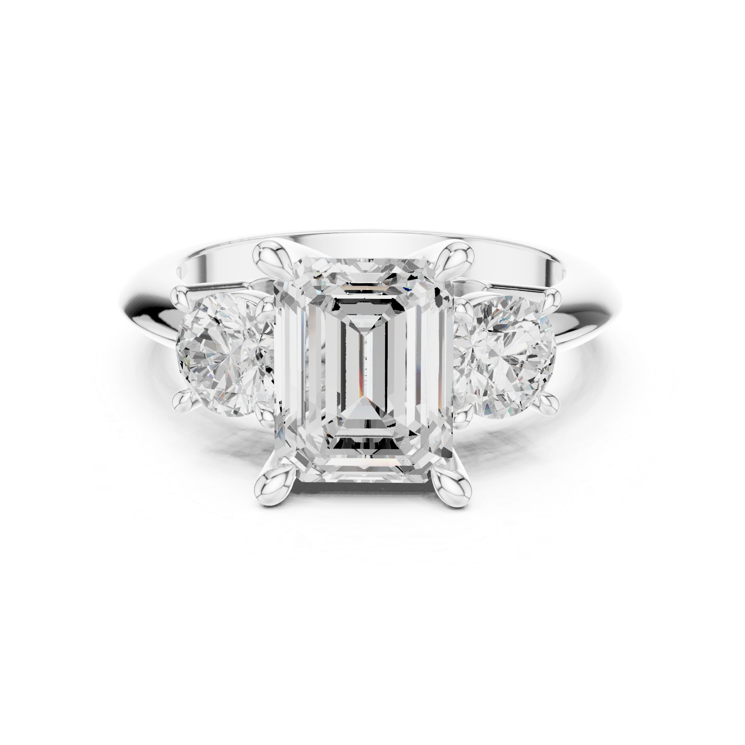 Emerald Cut Three Stone Diamond Engagement Ring with Round Side Stones