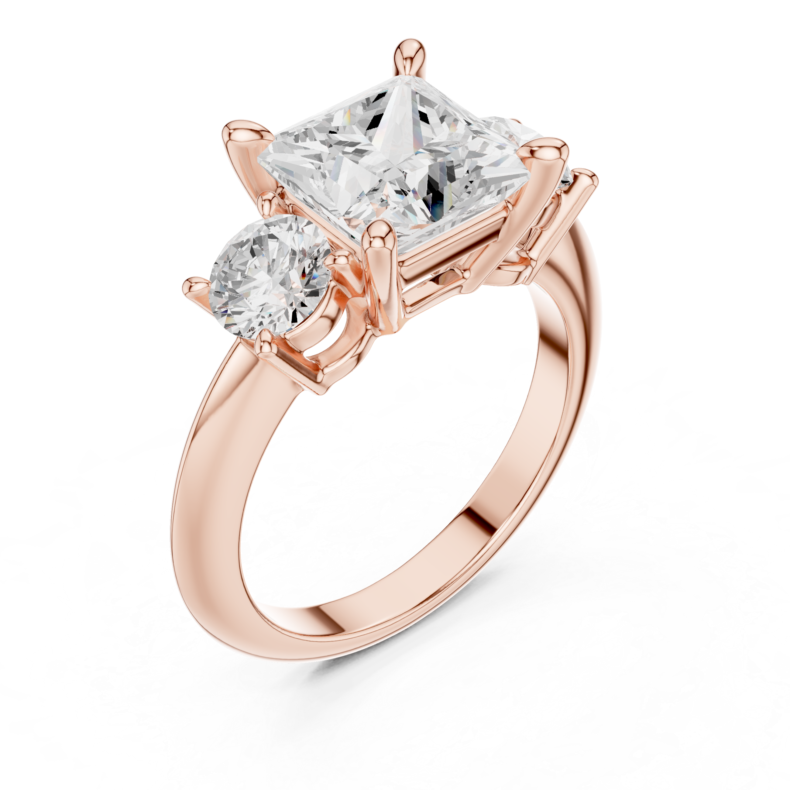 Princess Three Stone Diamond Engagement Ring with Round Side Stones