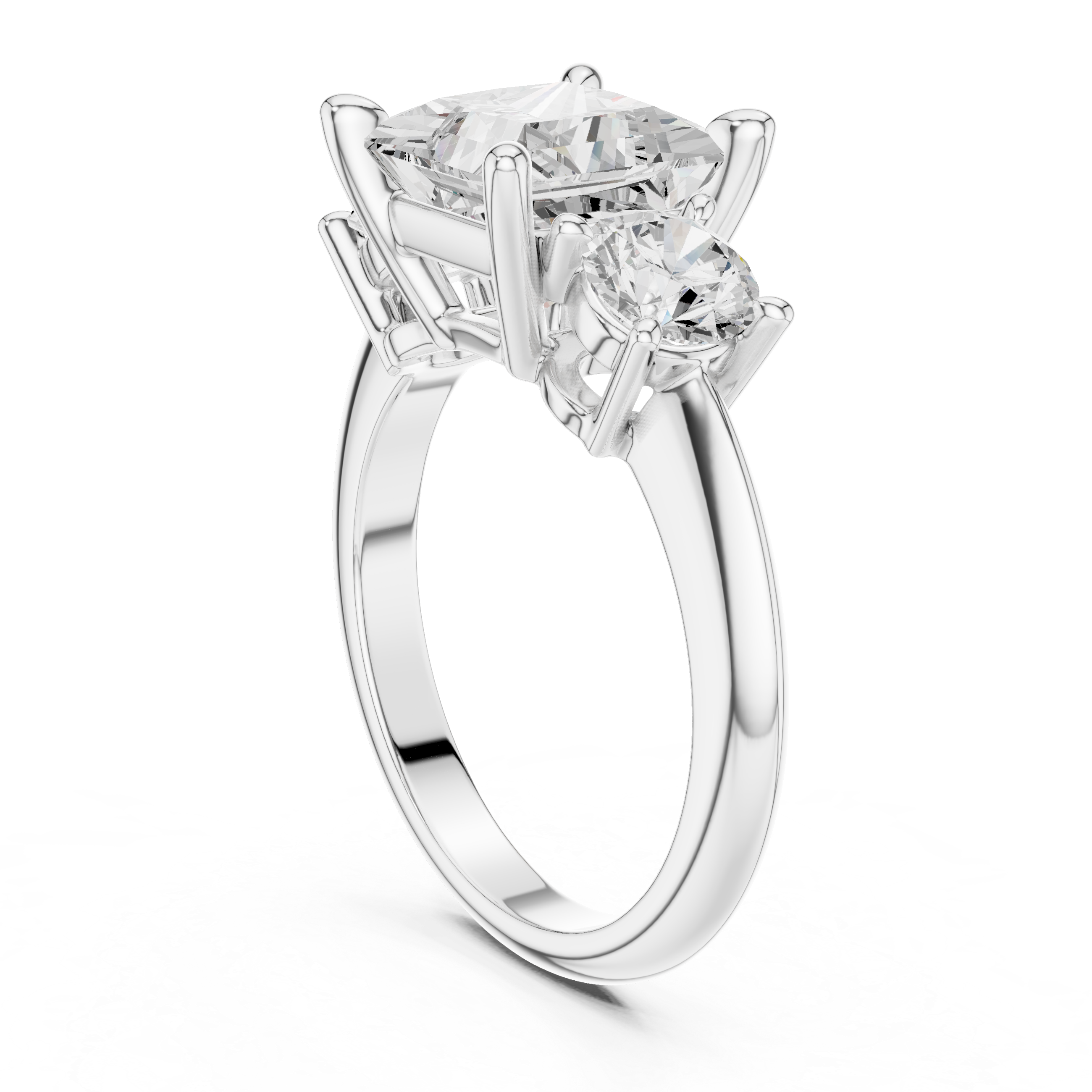 Princess Three Stone Diamond Engagement Ring with Round Side Stones