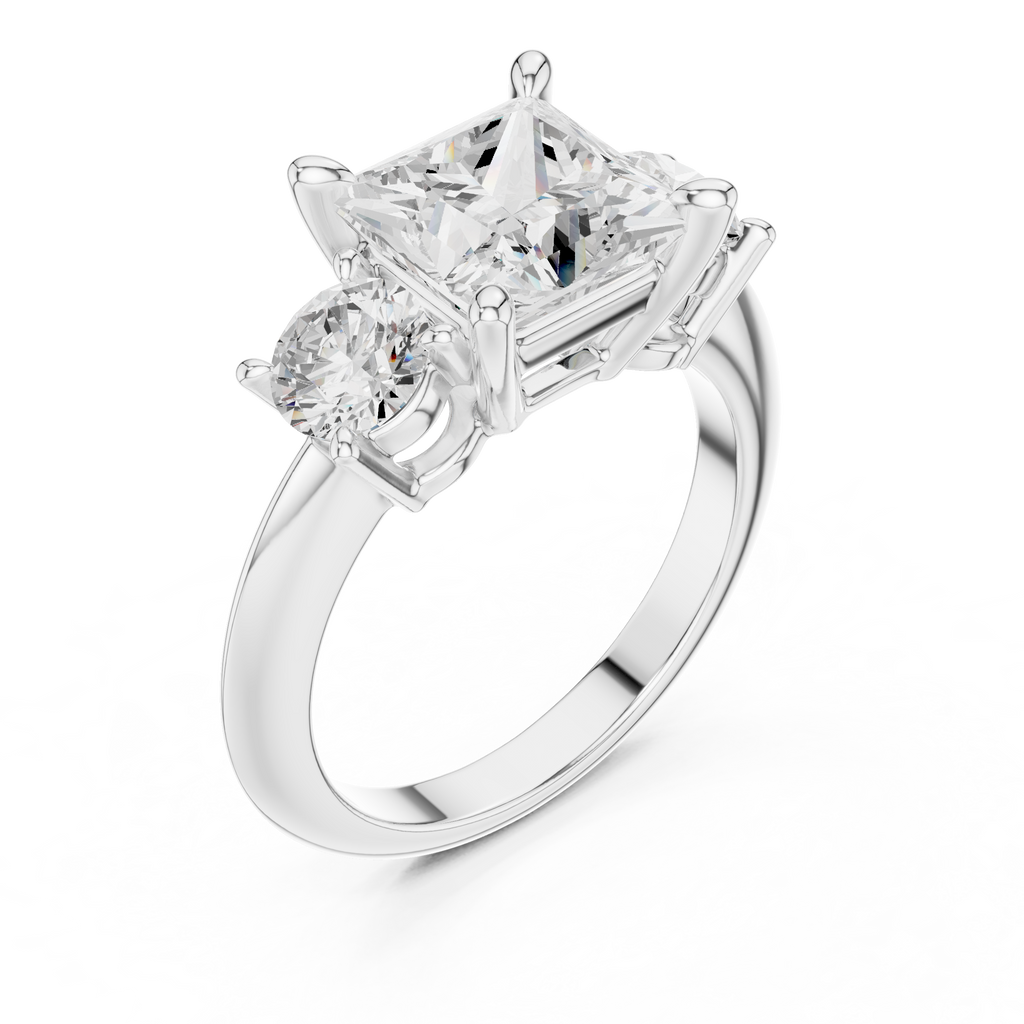 Princess Three Stone Diamond Engagement Ring with Round Side Stones