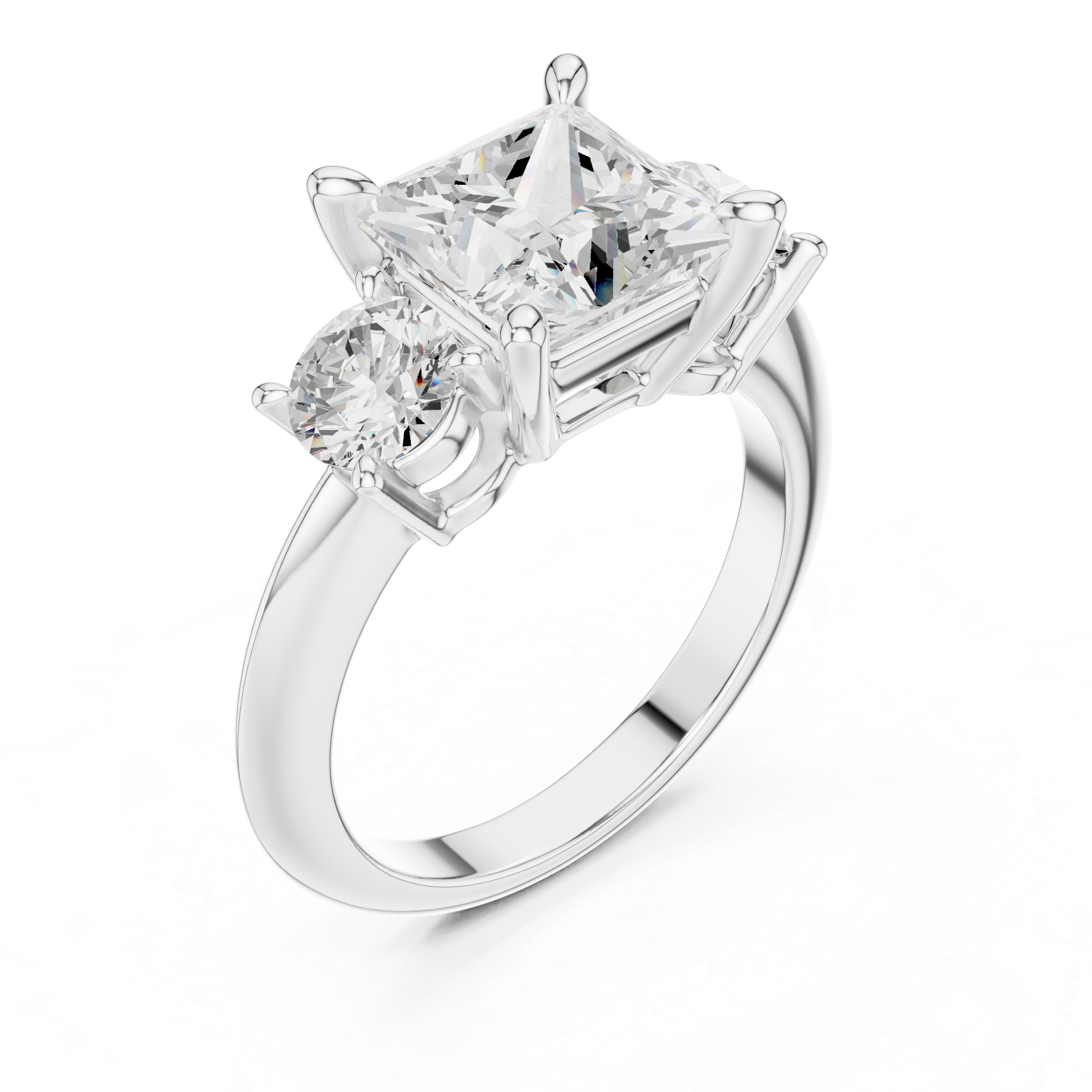 Princess Three Stone Diamond Engagement Ring with Round Side Stones