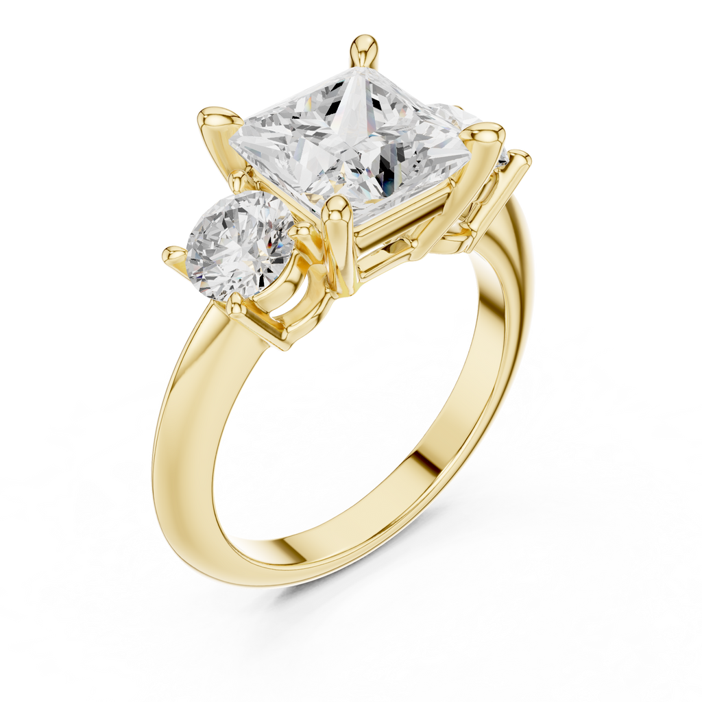 Princess Three Stone Diamond Engagement Ring with Round Side Stones