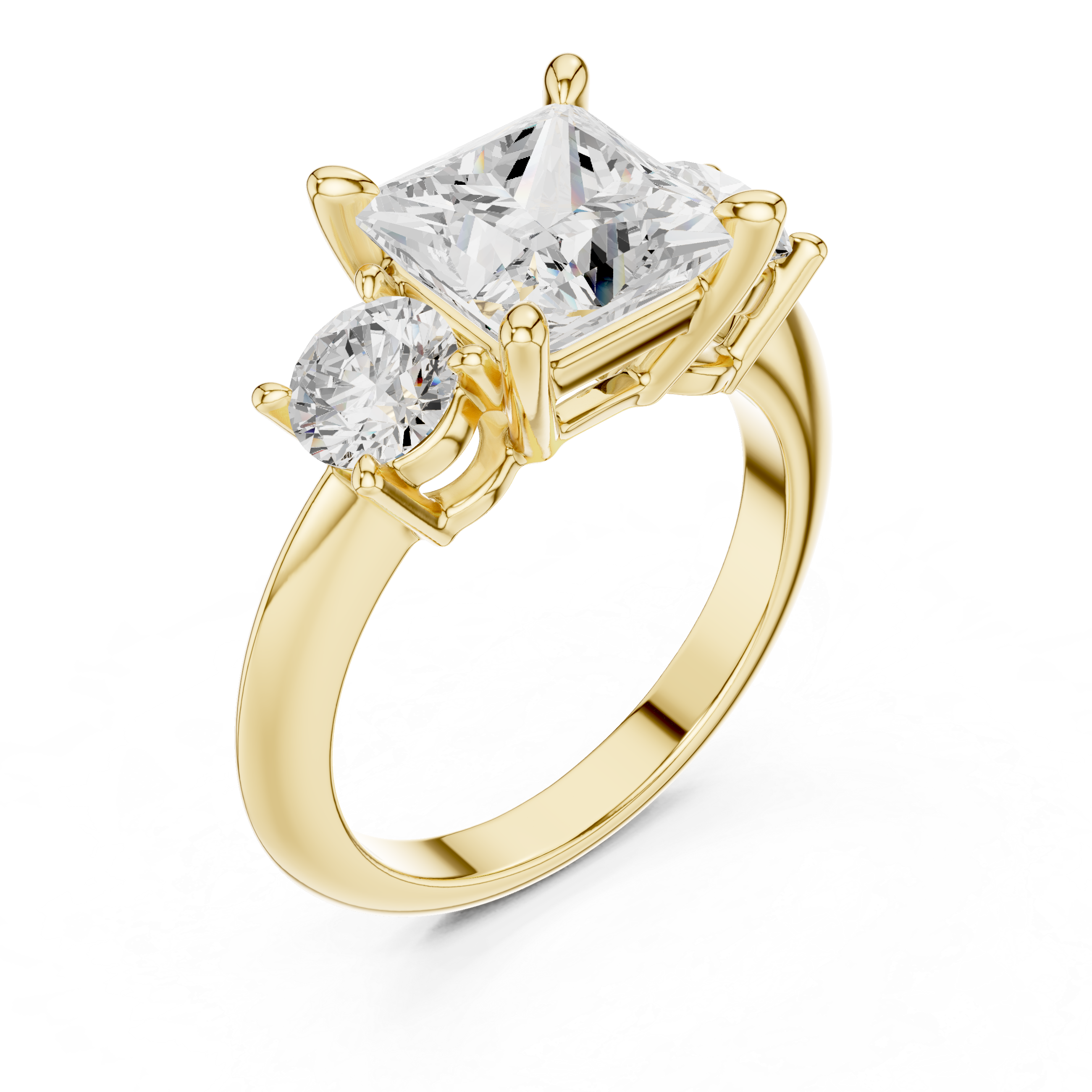 Princess Three Stone Diamond Engagement Ring with Round Side Stones