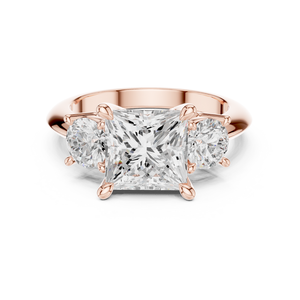 Princess Three Stone Diamond Engagement Ring with Round Side Stones