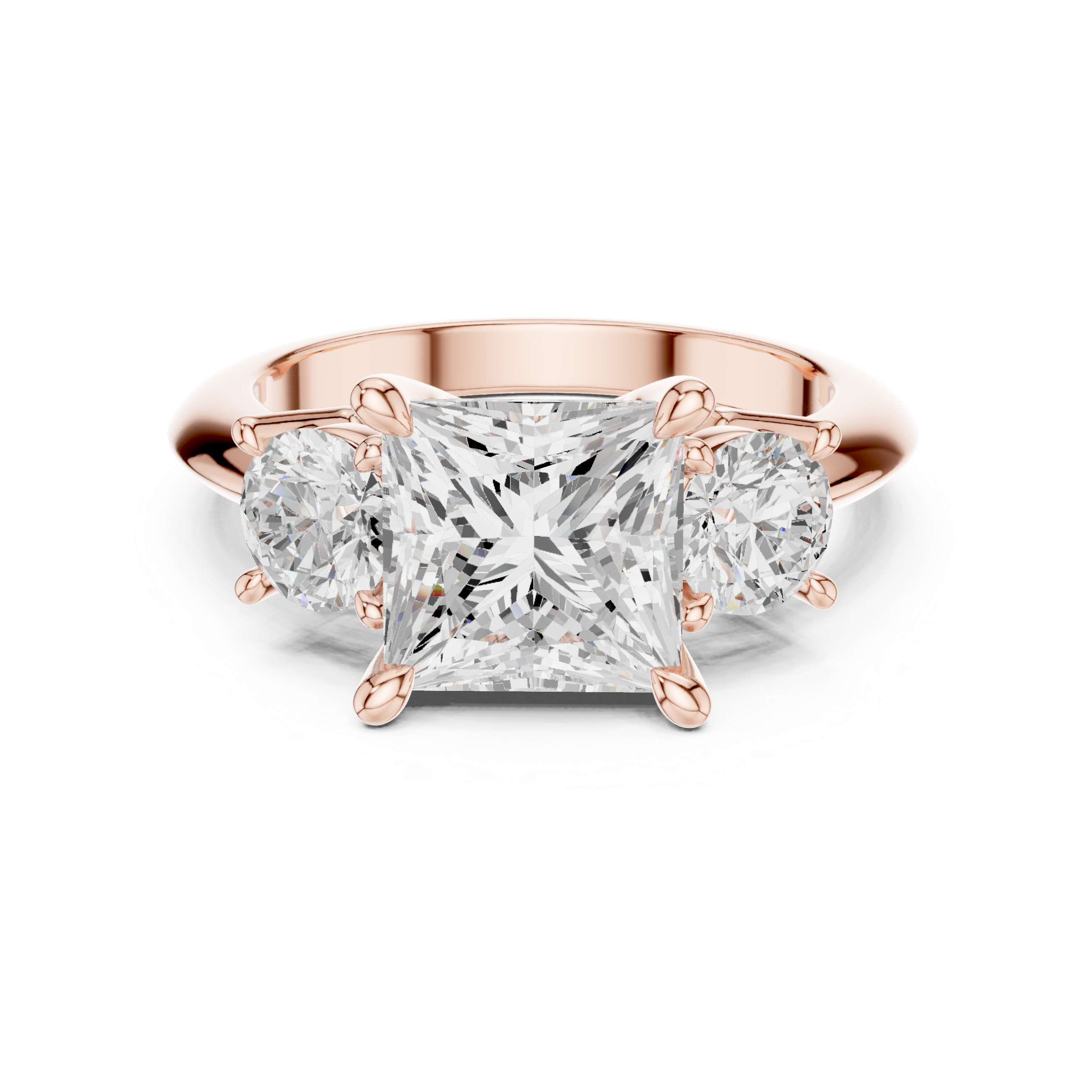Princess Three Stone Diamond Engagement Ring with Round Side Stones
