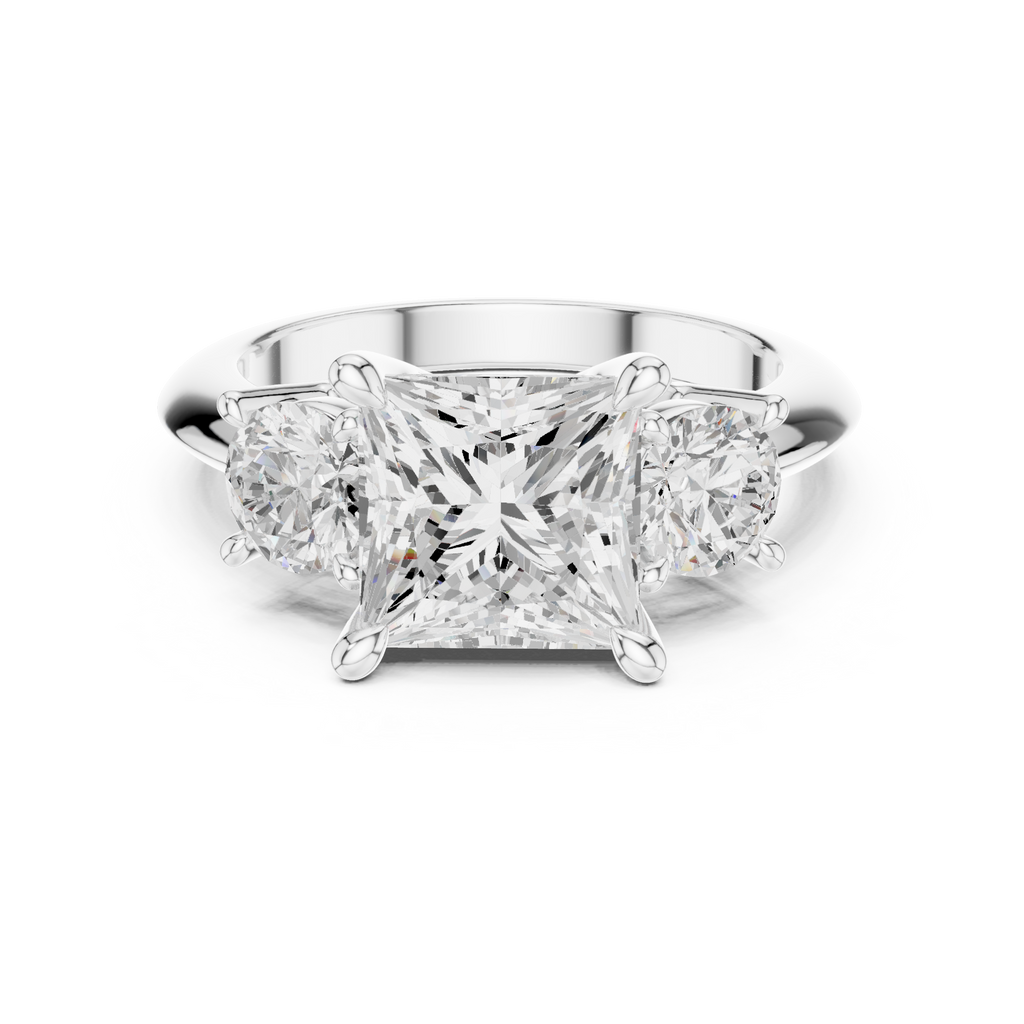 Princess Three Stone Diamond Engagement Ring with Round Side Stones