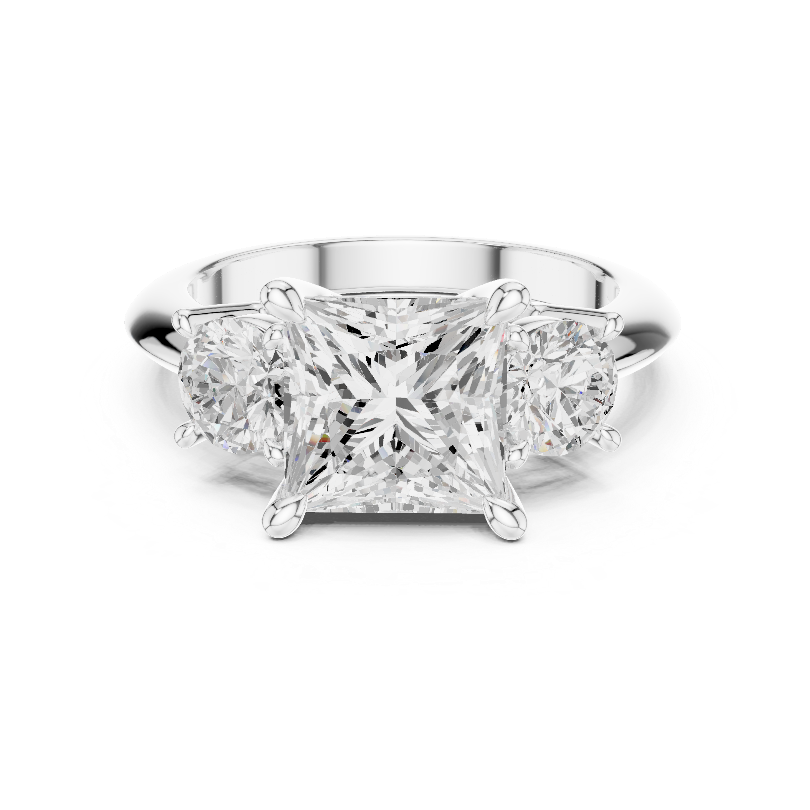 Princess Three Stone Diamond Engagement Ring with Round Side Stones