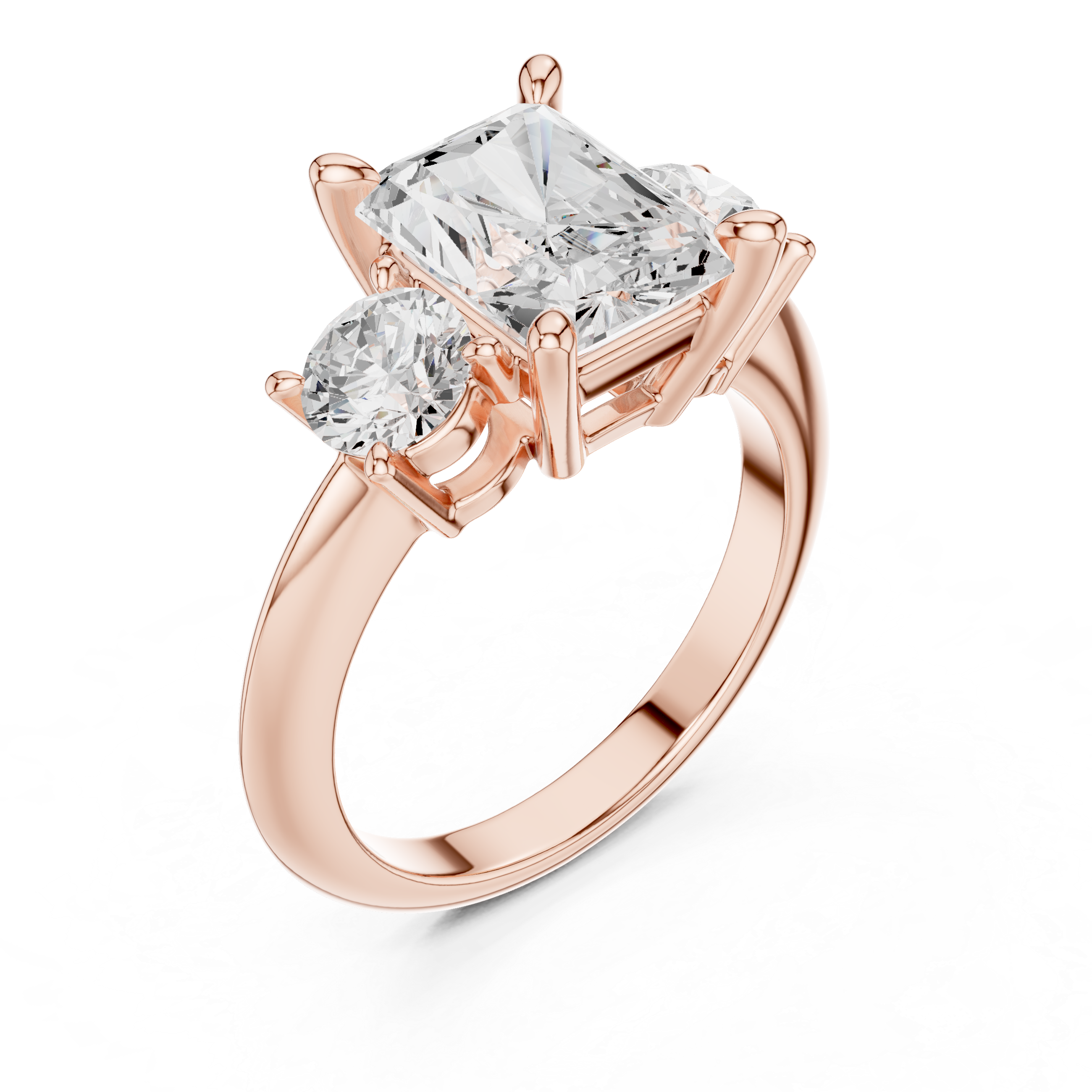 Radiant Three Stone Diamond Engagement Ring with Round Side Stones