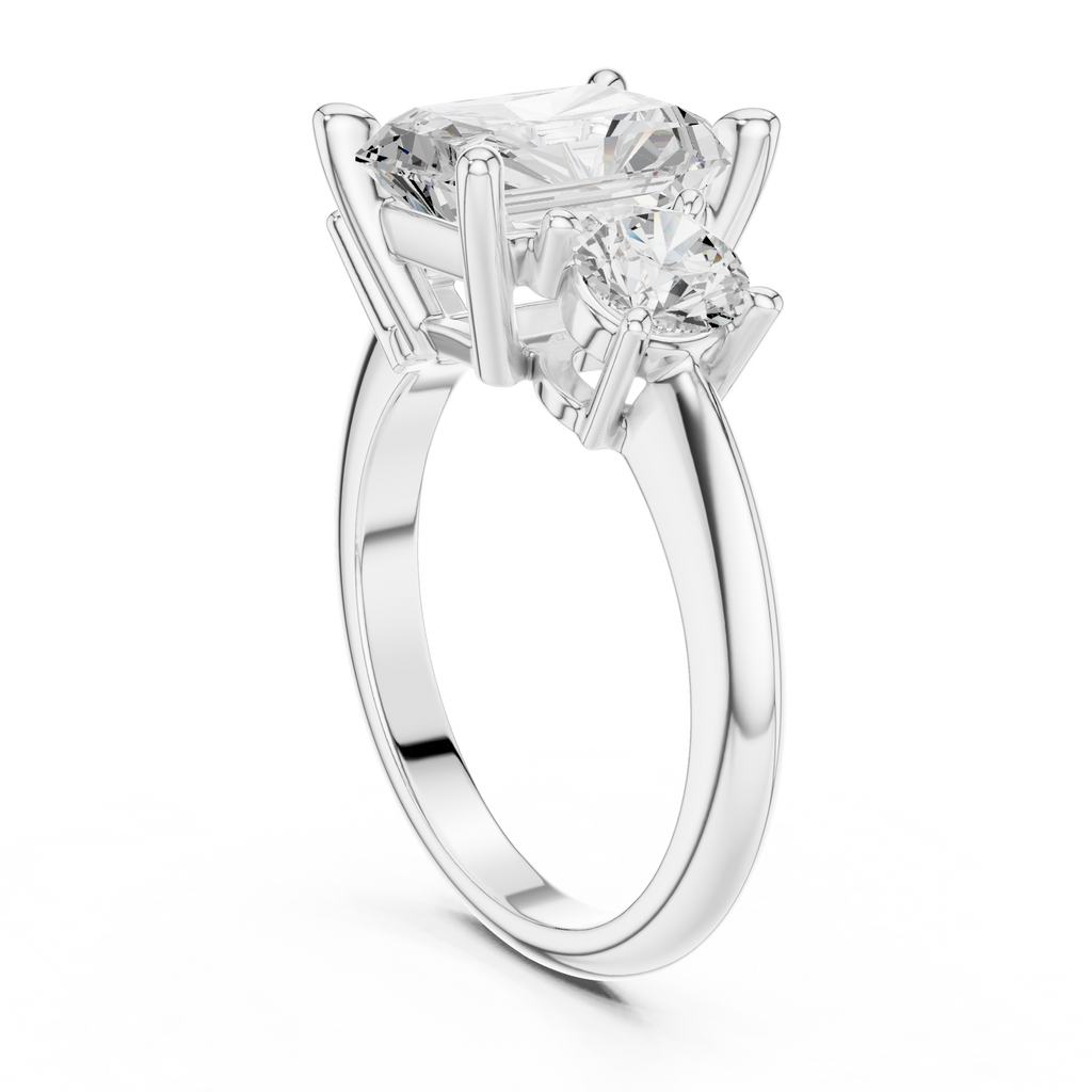 Radiant Three Stone Diamond Engagement Ring with Round Side Stones
