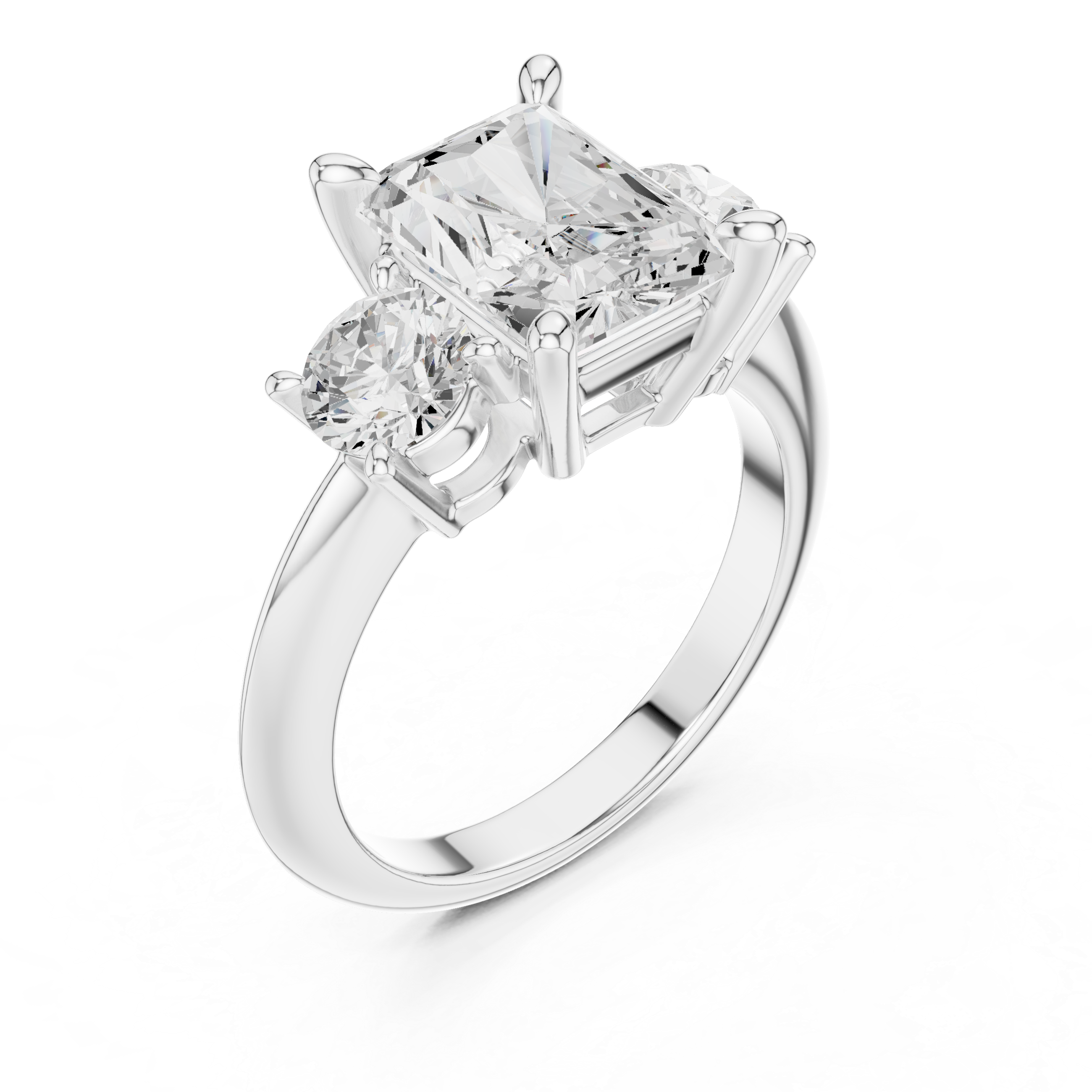 Radiant Three Stone Diamond Engagement Ring with Round Side Stones