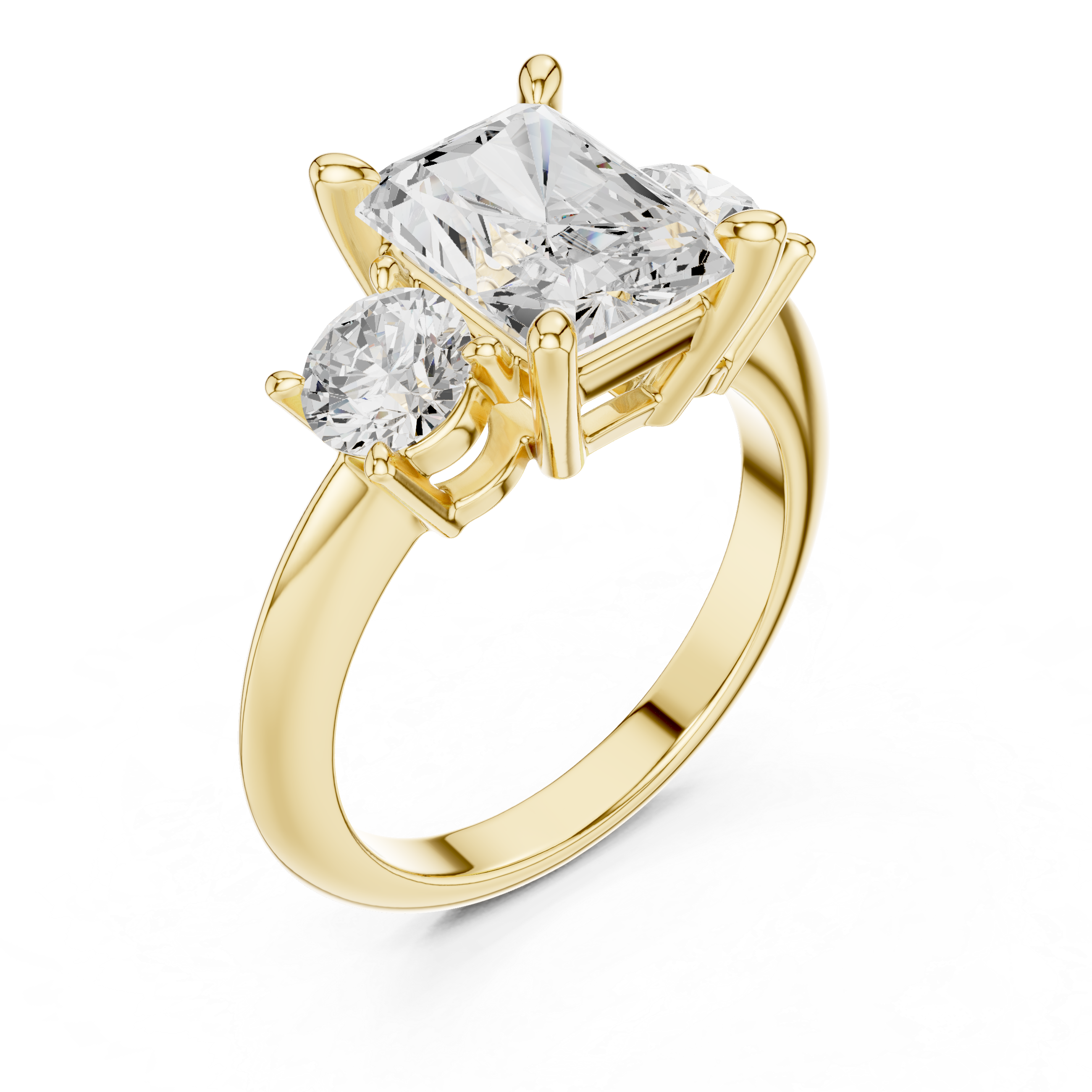 Radiant Three Stone Diamond Engagement Ring with Round Side Stones