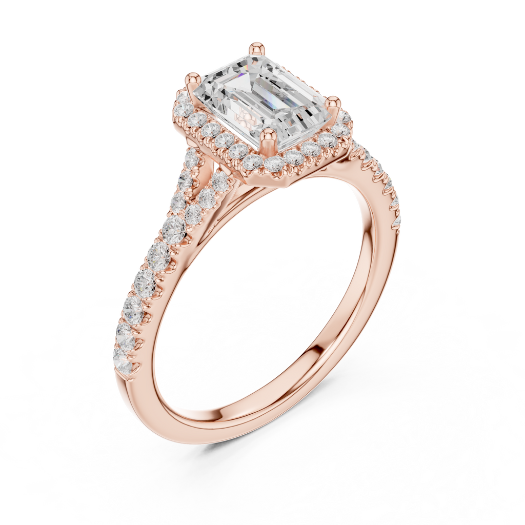 Emerald Cut Halo Engagement Ring with Pavé Diamond Band