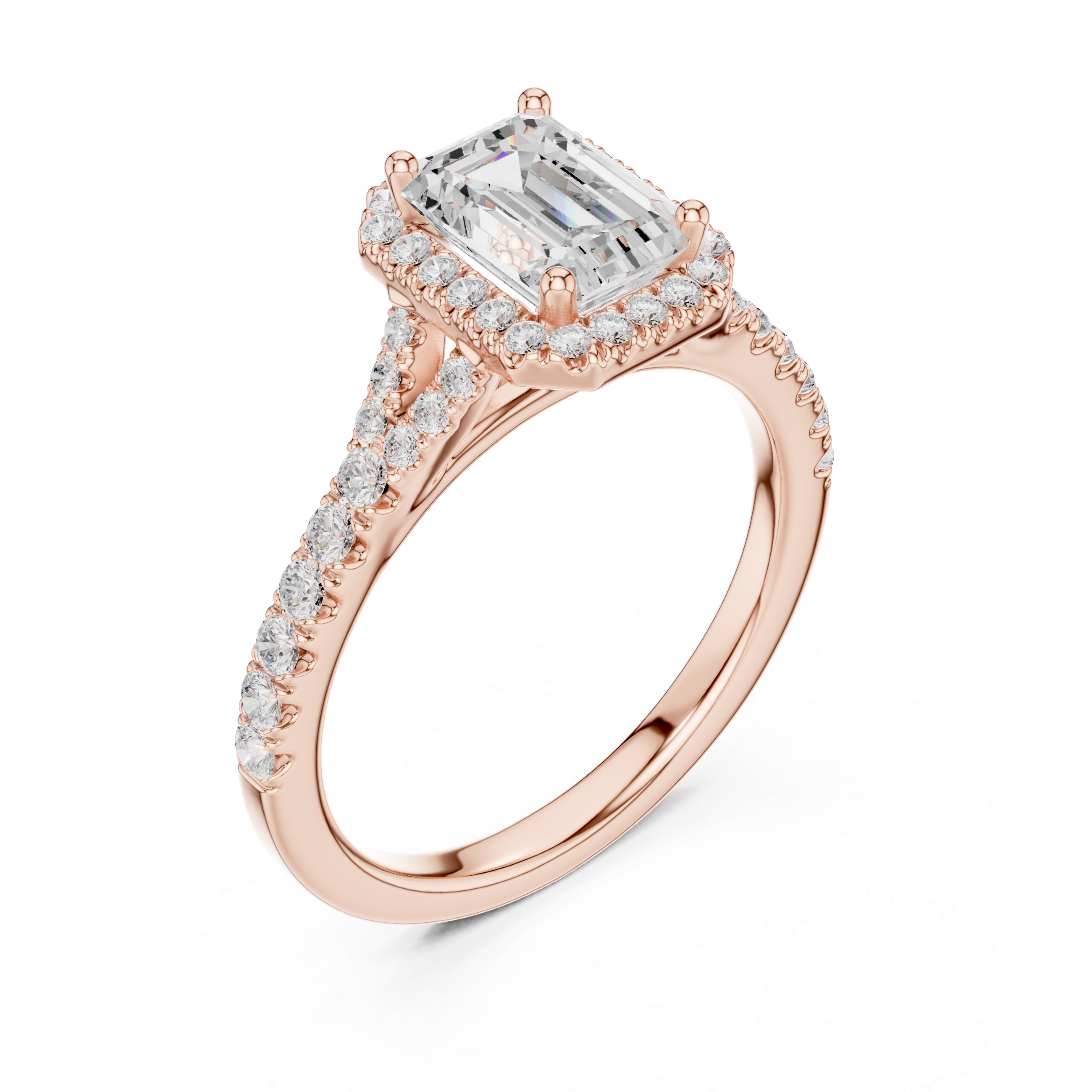 Emerald Cut Halo Engagement Ring with Pavé Diamond Band