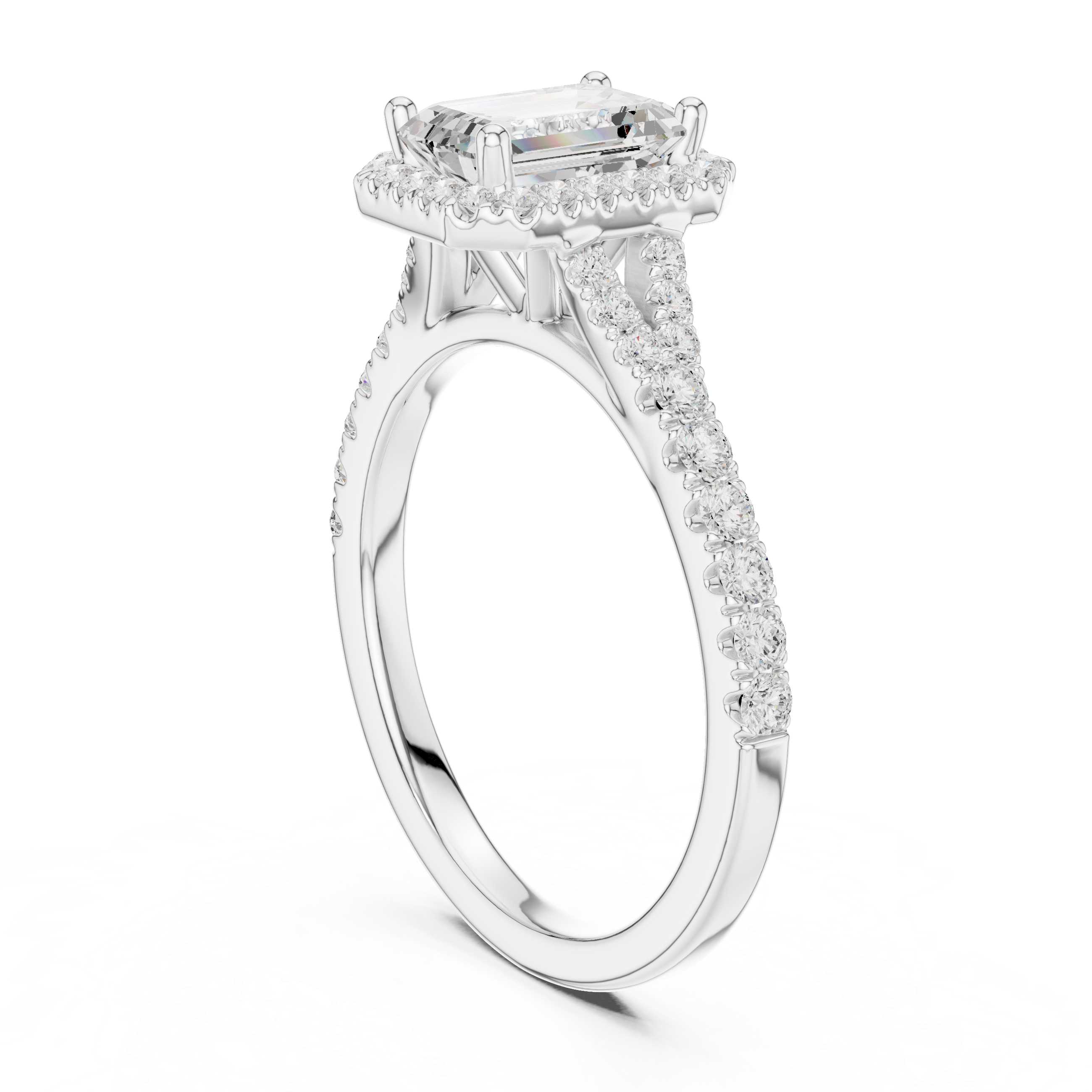 Emerald Cut Halo Engagement Ring with Pavé Diamond Band