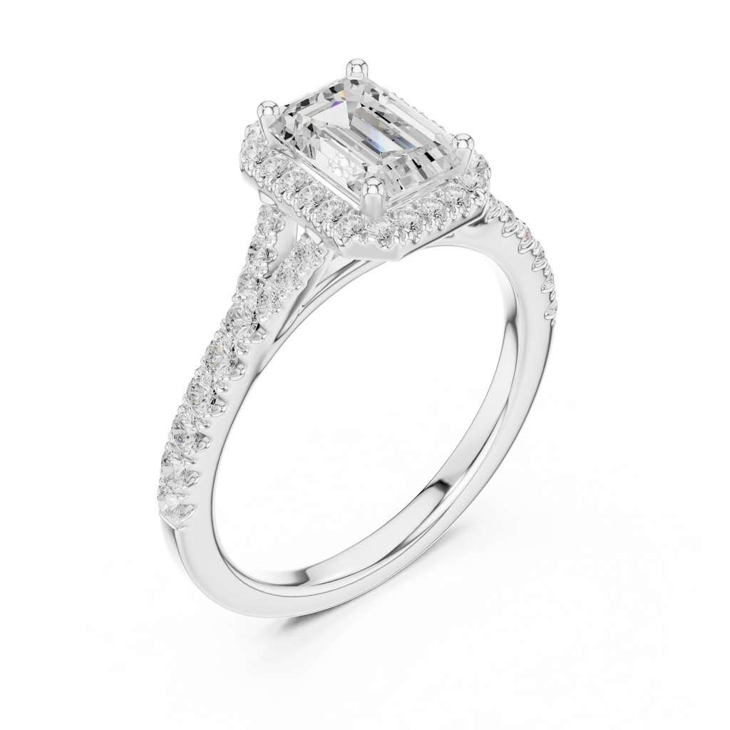 Emerald Cut Halo Engagement Ring with Pavé Diamond Band