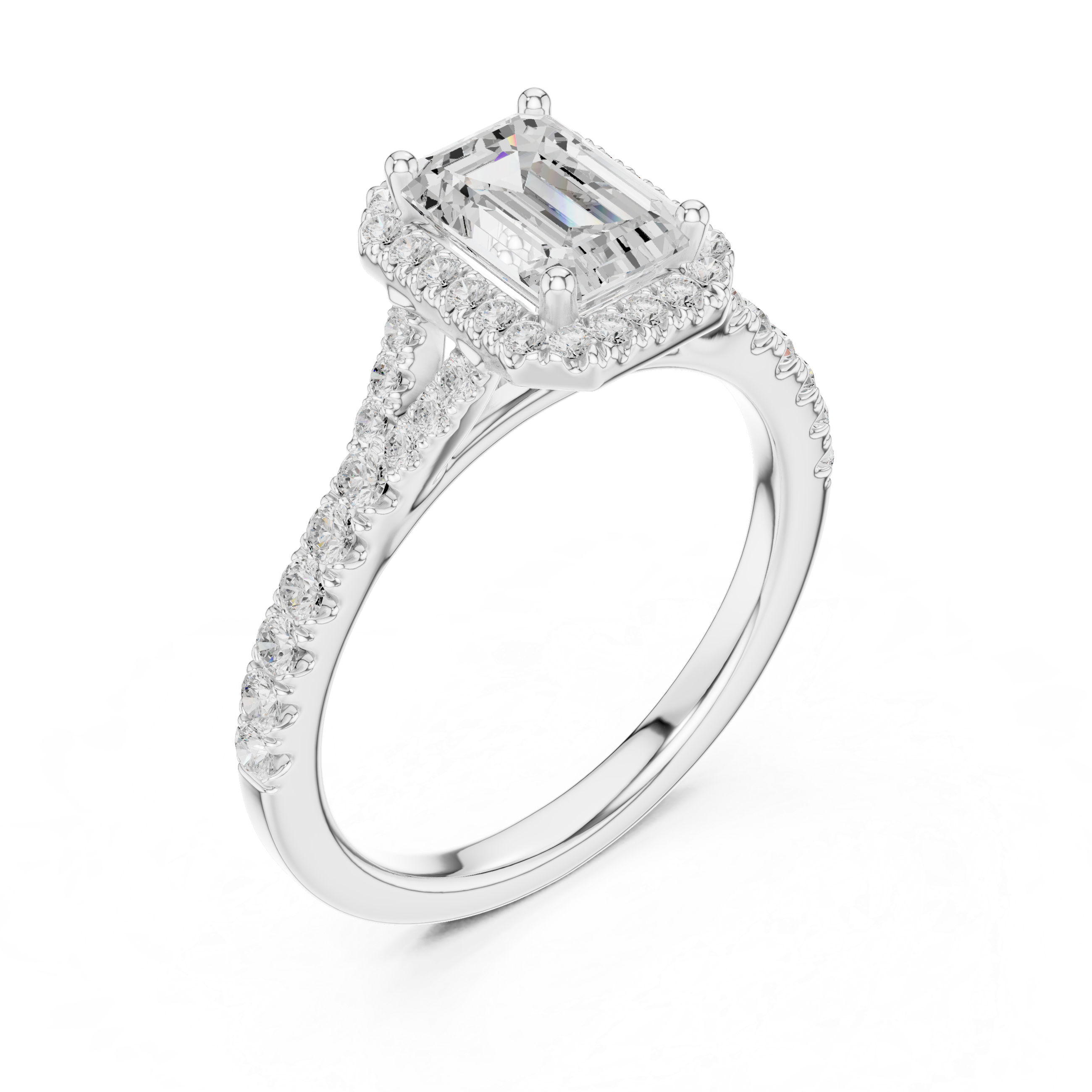 Emerald Cut Halo Engagement Ring with Pavé Diamond Band
