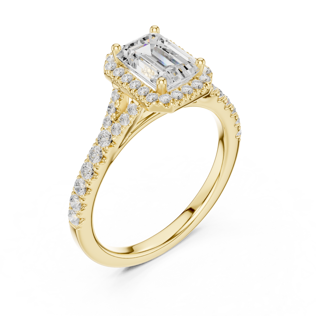 Emerald Cut Halo Engagement Ring with Pavé Diamond Band
