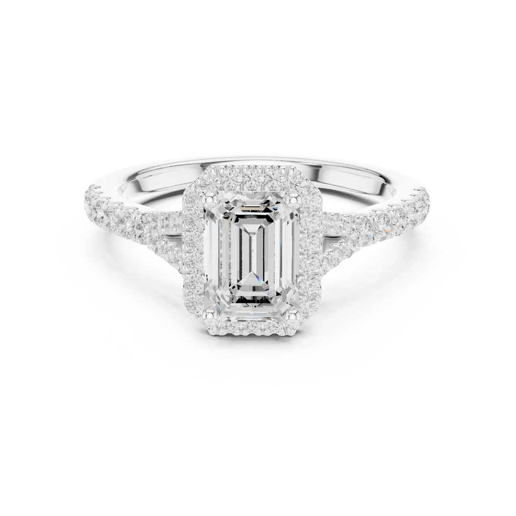 Emerald Cut Halo Engagement Ring with Pavé Diamond Band
