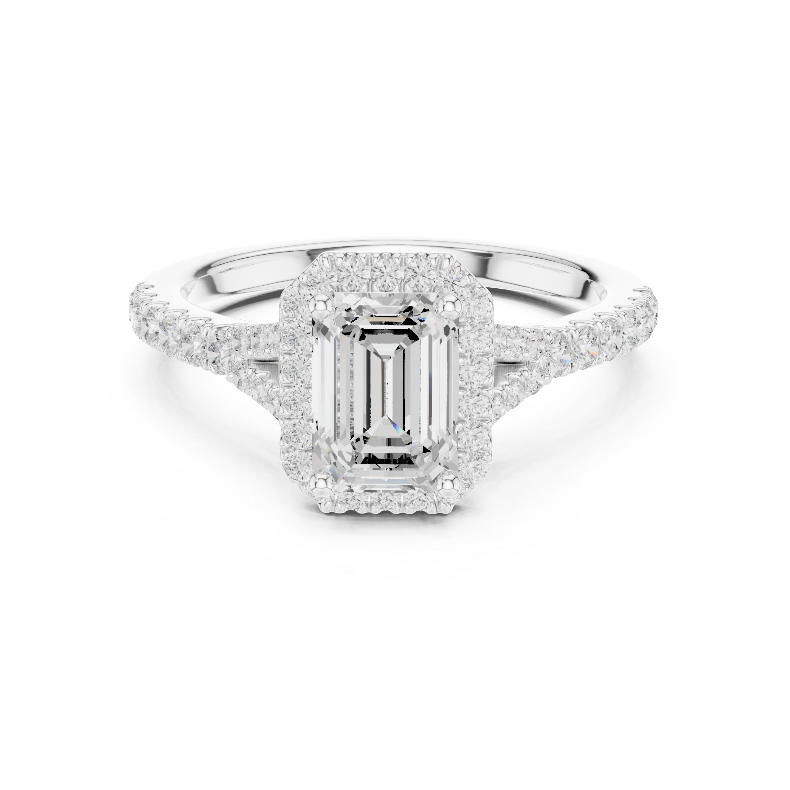 Emerald Cut Halo Engagement Ring with Pavé Diamond Band
