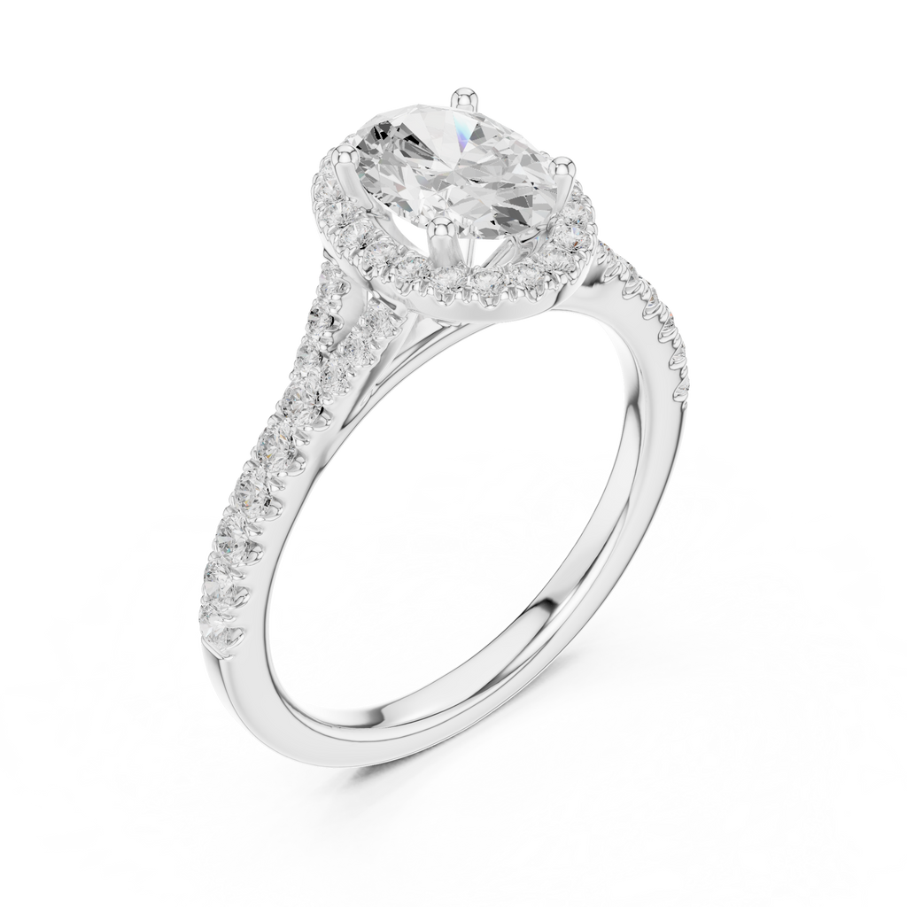 Oval Cut Halo Engagement Ring with Pavé Diamond Band
