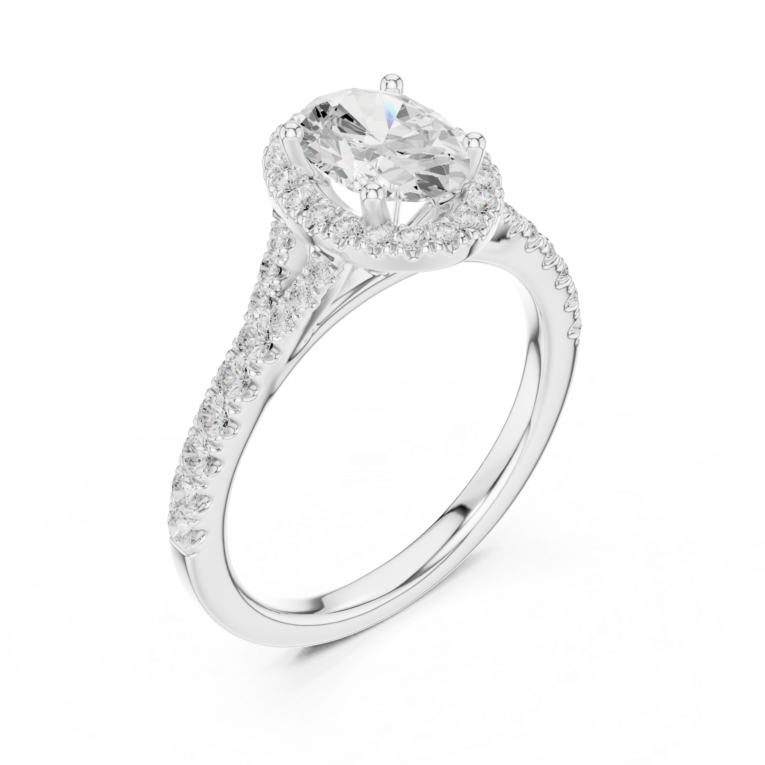 Oval Cut Halo Engagement Ring with Pavé Diamond Band