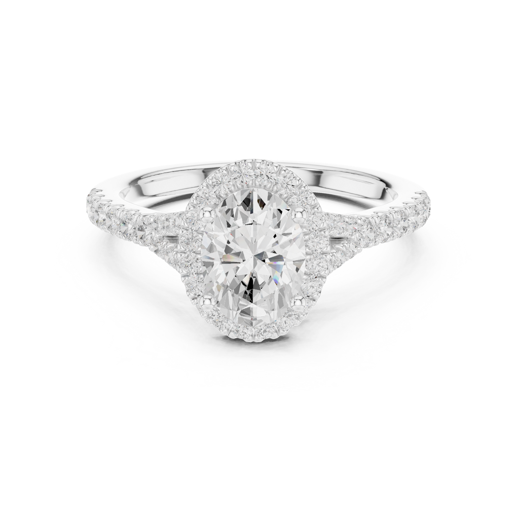 Oval Cut Halo Engagement Ring with Pavé Diamond Band