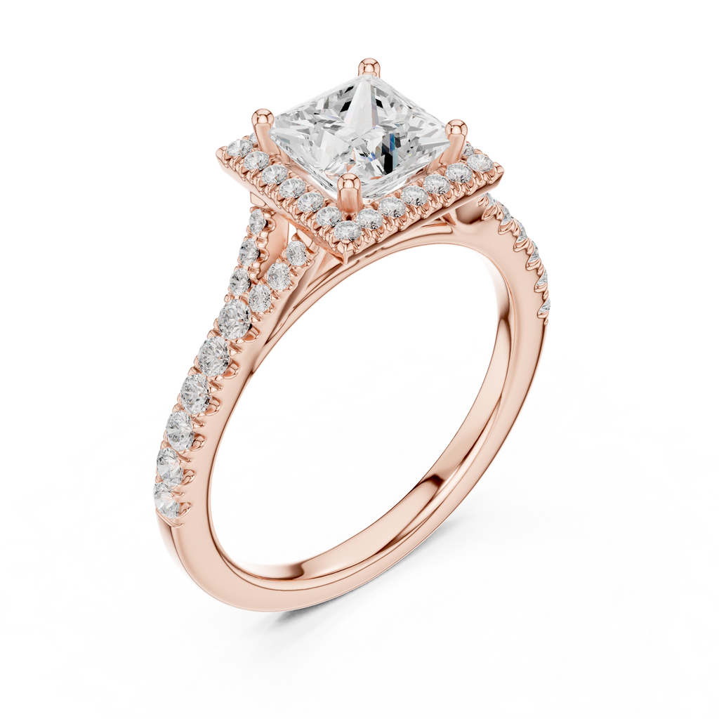 Princess Cut Halo Engagement Ring with Pavé Diamond Band