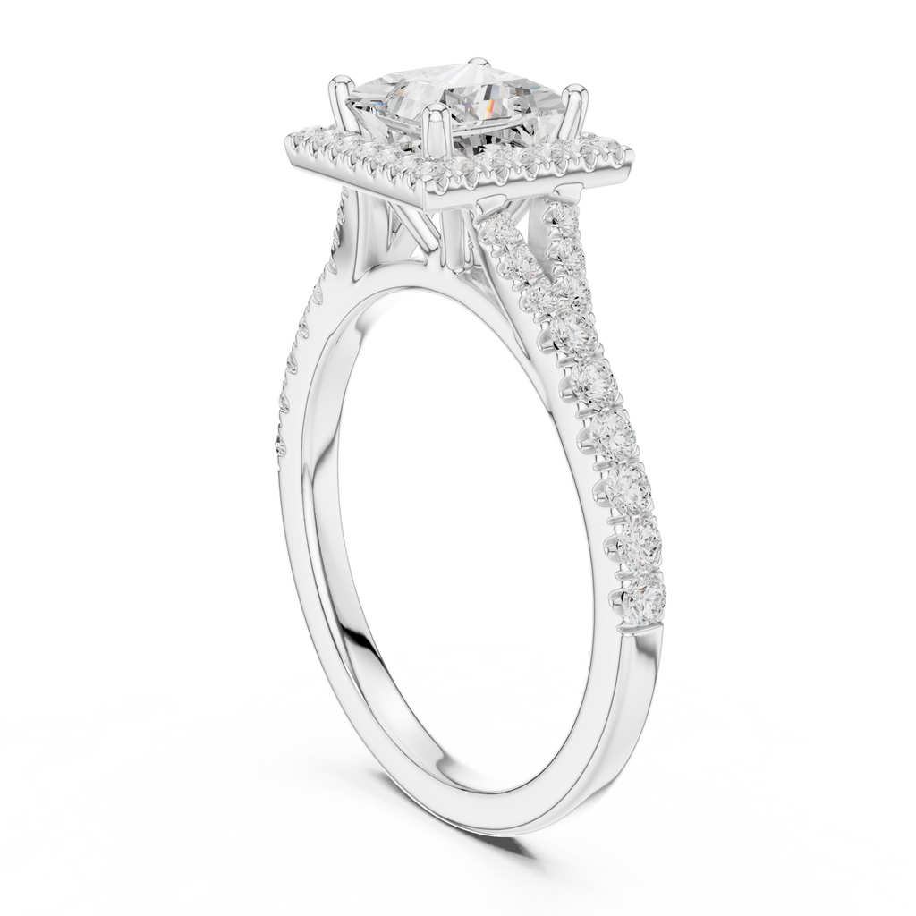 Princess Cut Halo Engagement Ring with Pavé Diamond Band