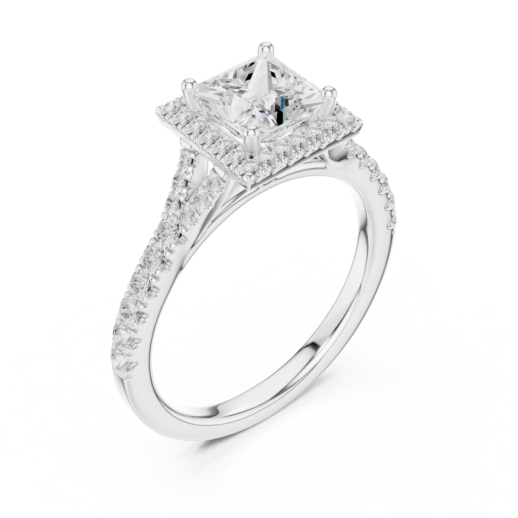 Princess Cut Halo Engagement Ring with Pavé Diamond Band