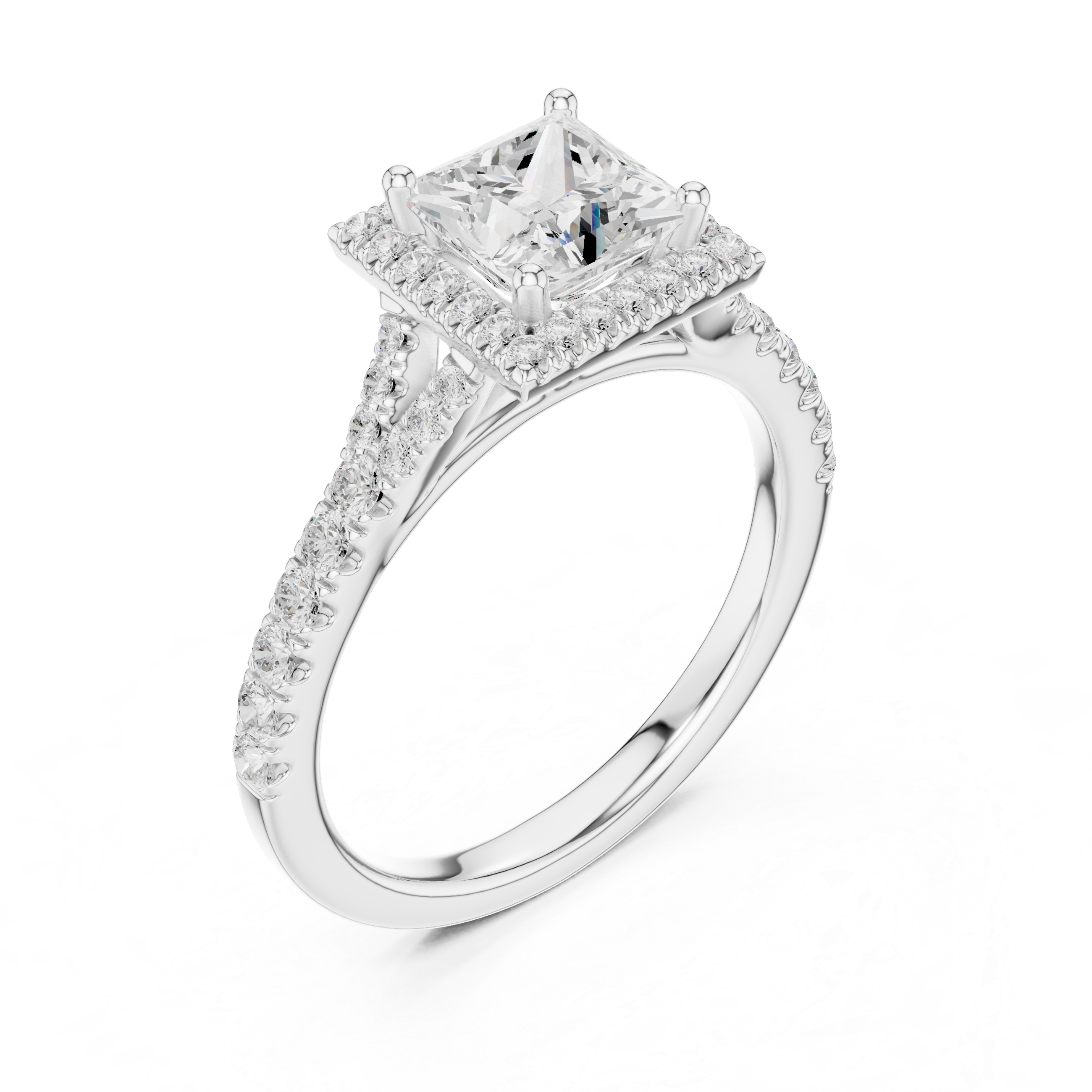 Princess Cut Halo Engagement Ring with Pavé Diamond Band