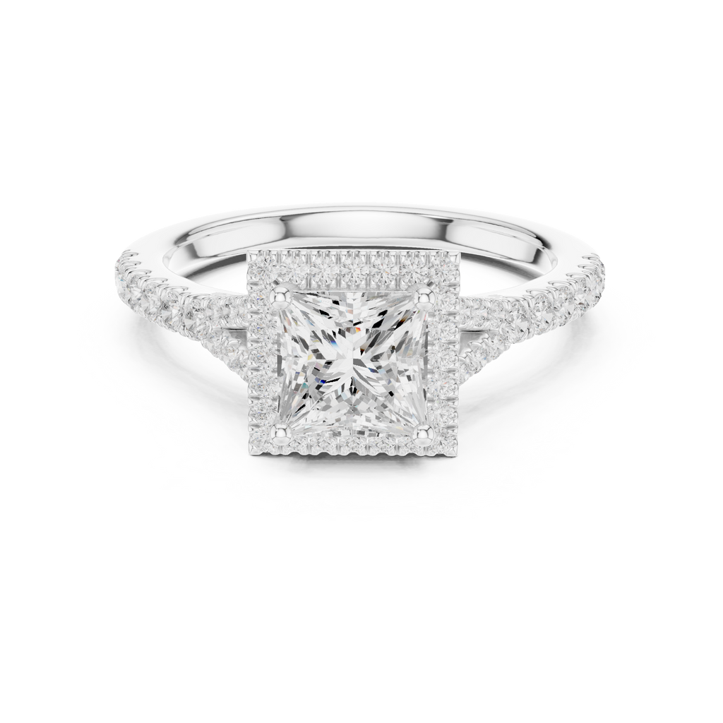 Princess Cut Halo Engagement Ring with Pavé Diamond Band