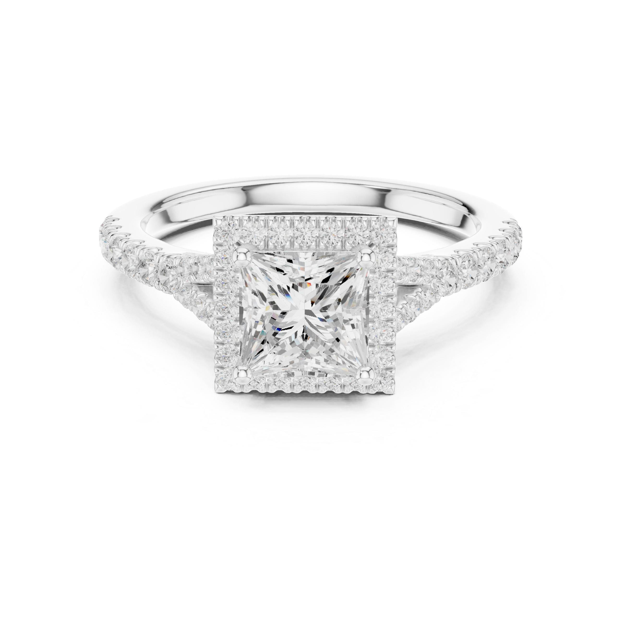 Princess Cut Halo Engagement Ring with Pavé Diamond Band