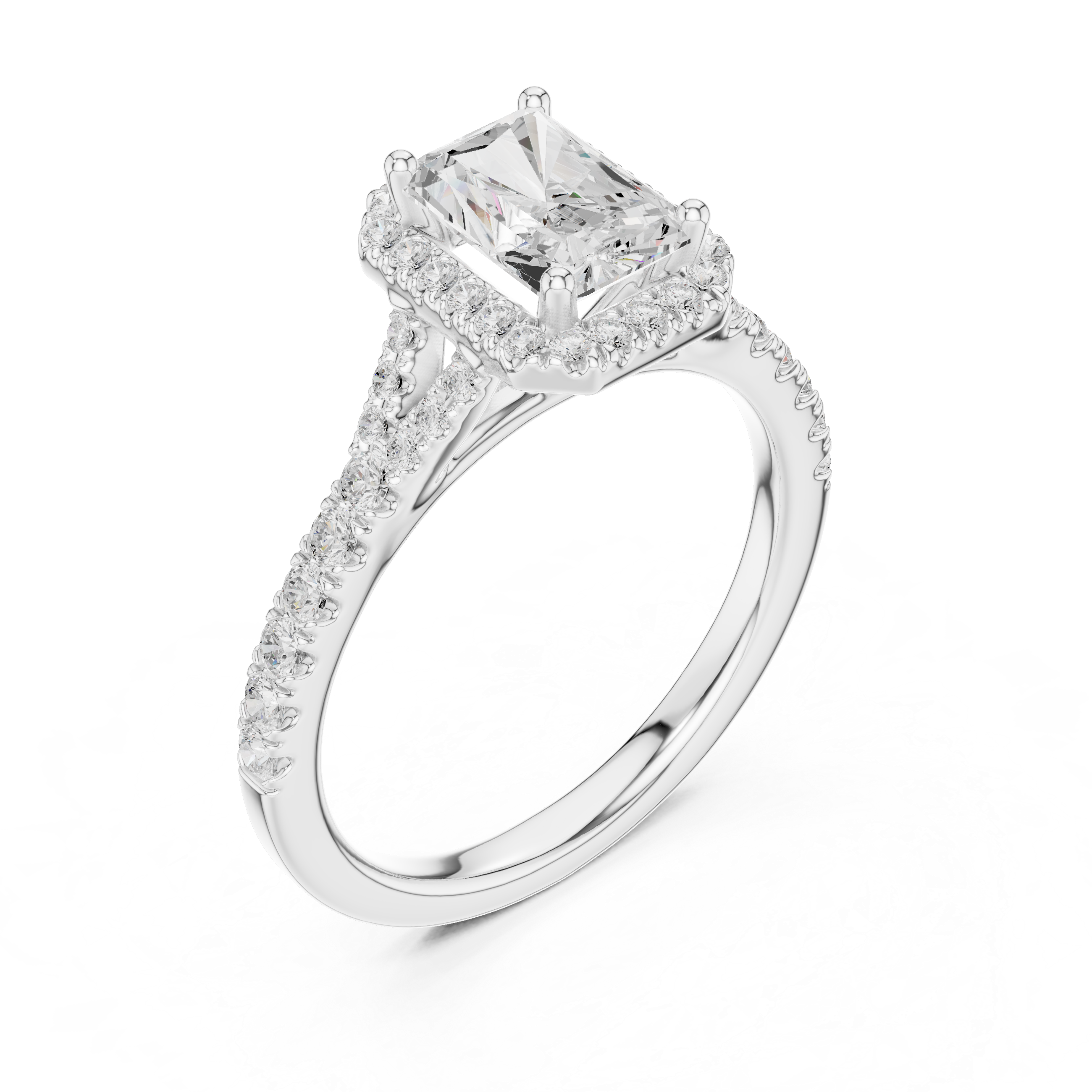 Radiant Cut Halo Engagement Ring with Pavé Diamond Band
