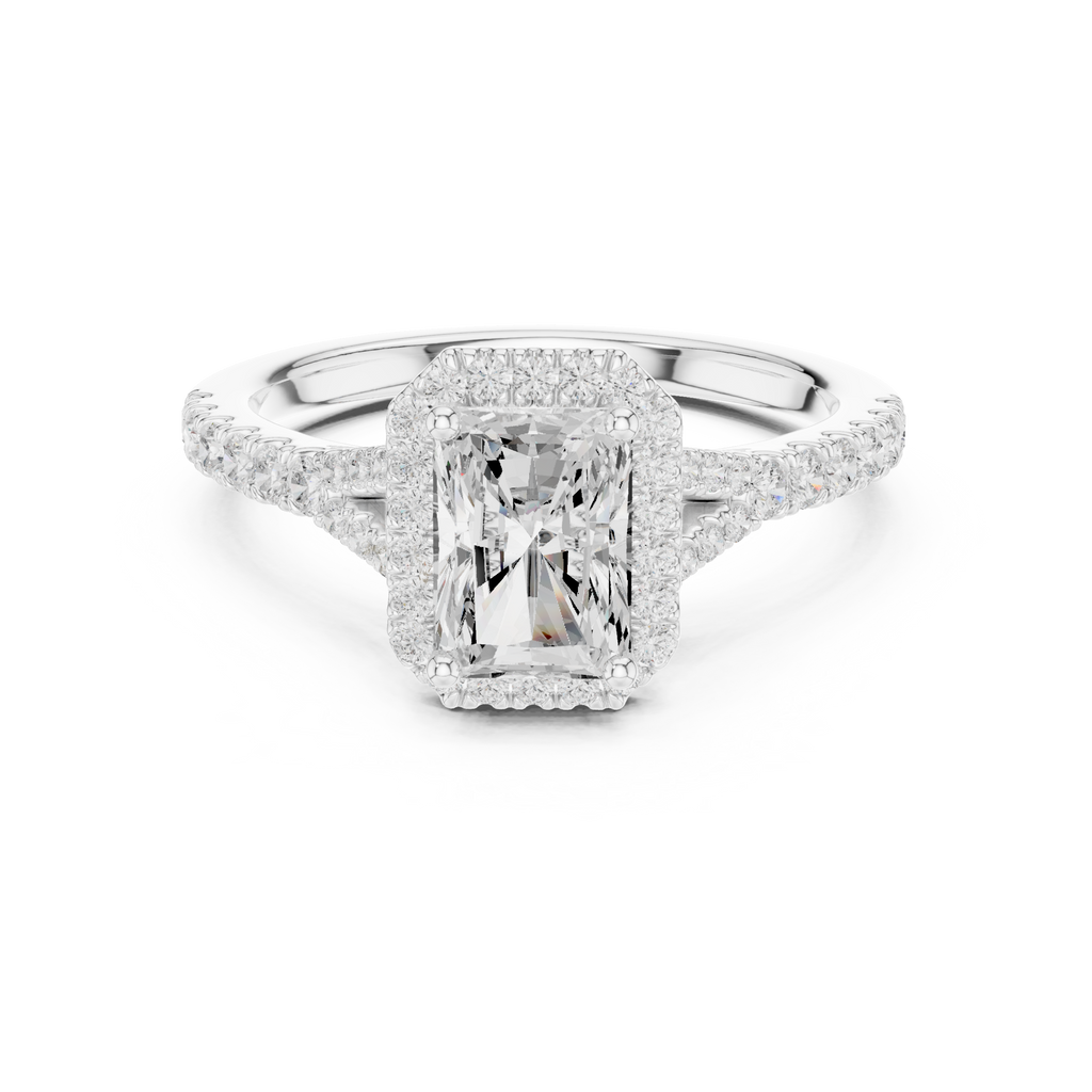 Radiant Cut Halo Engagement Ring with Pavé Diamond Band