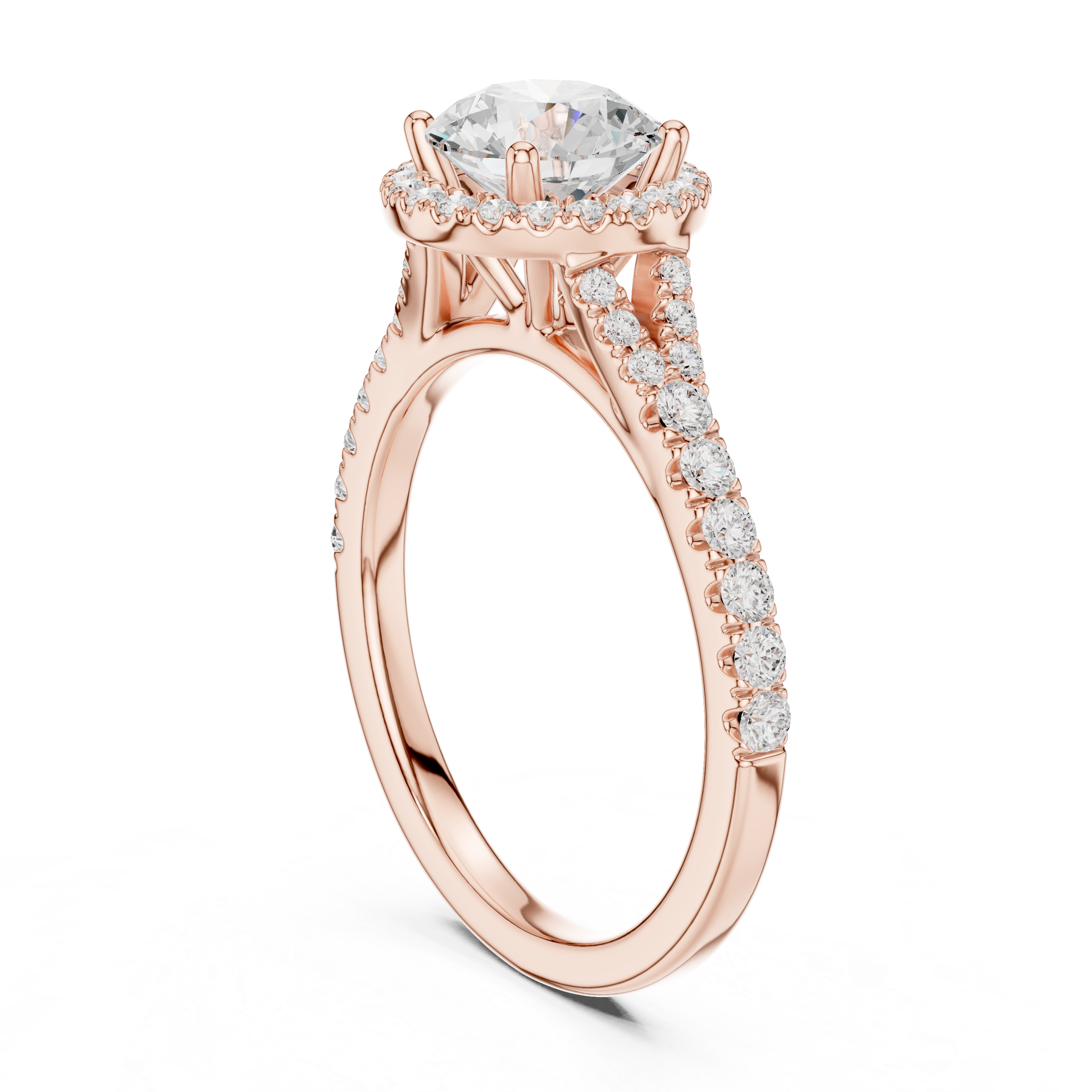 Round Cut Halo Engagement Ring with Pavé Diamond Band