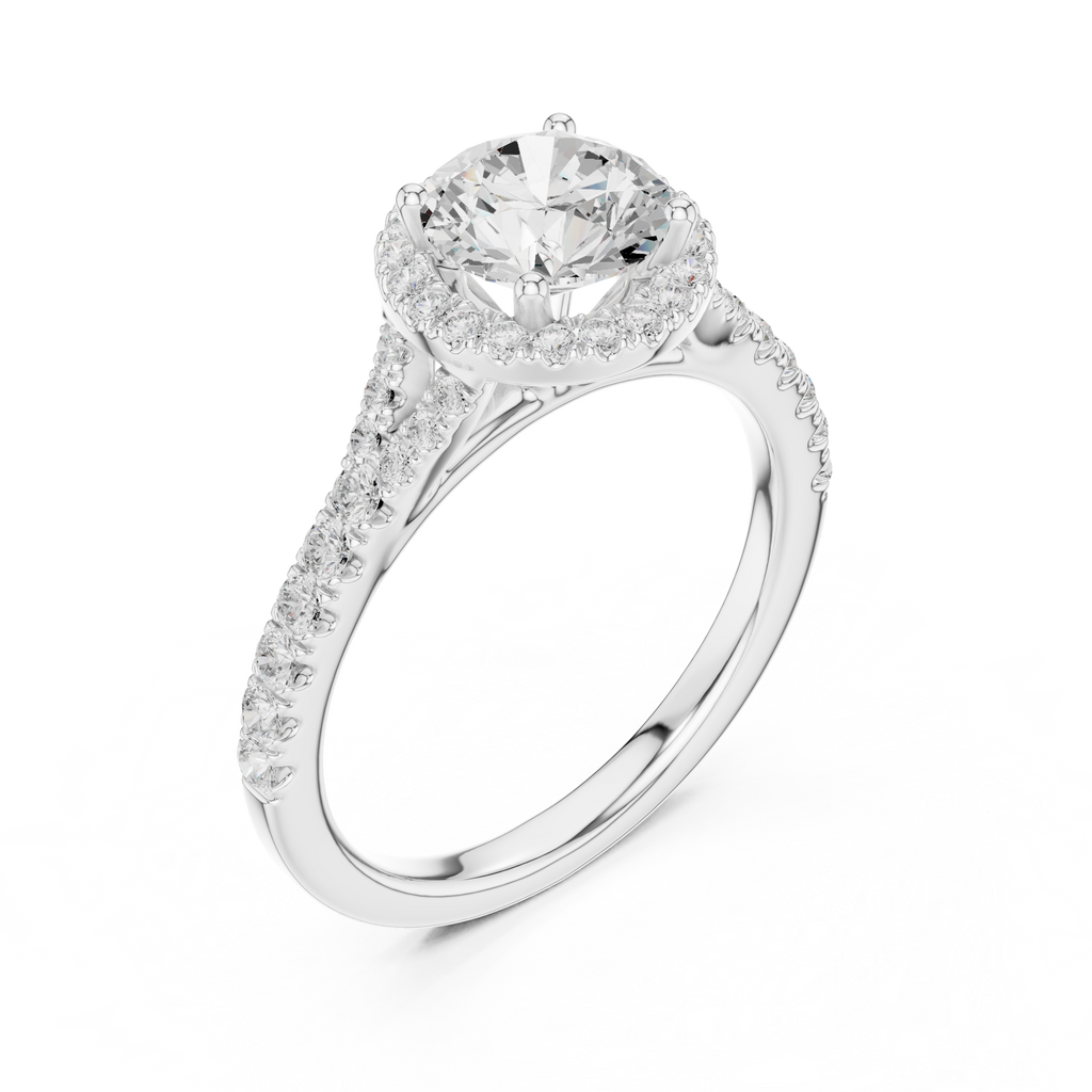 Round Cut Halo Engagement Ring with Pavé Diamond Band