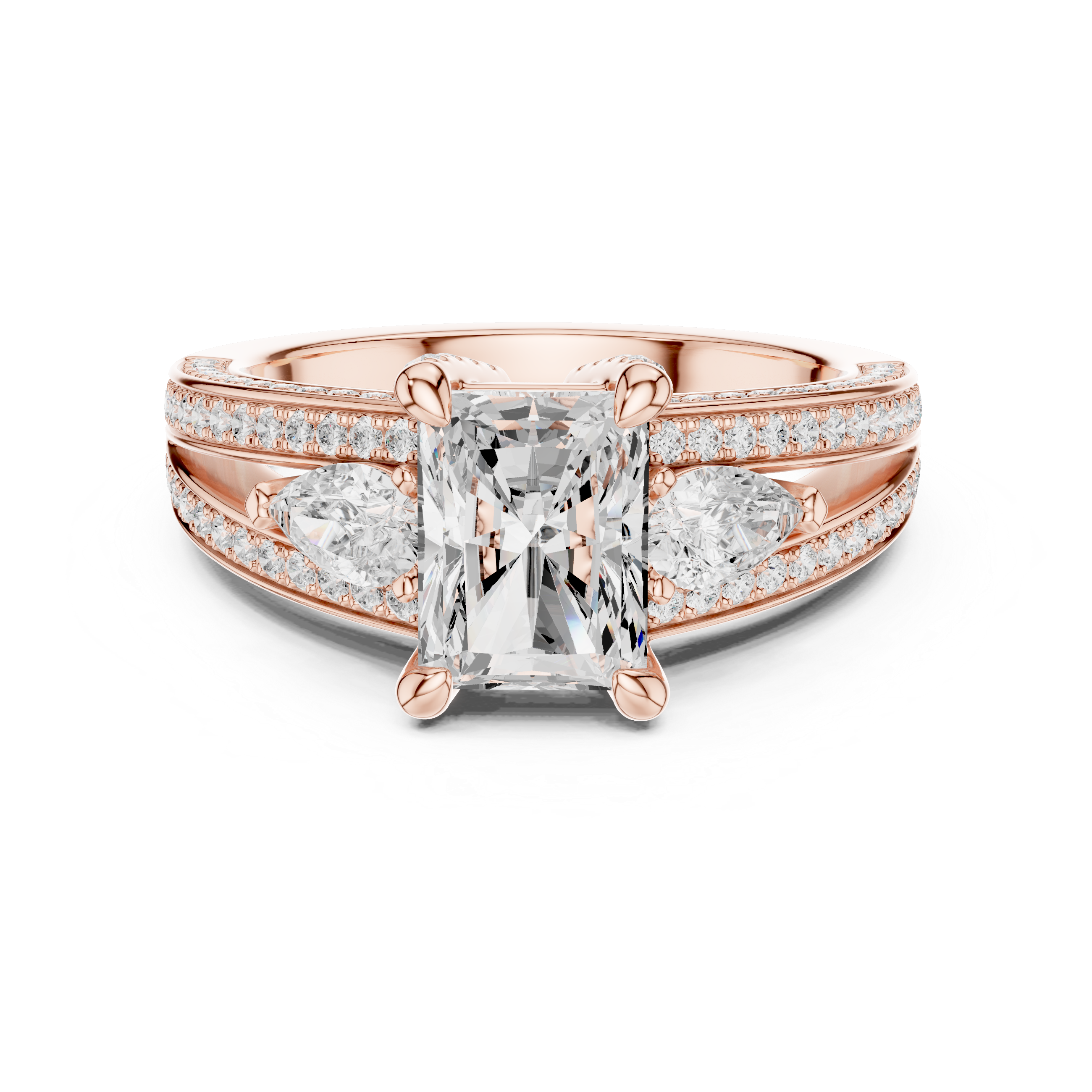 Radiant Cut Diamond & Pear Side Stone Engagement Ring