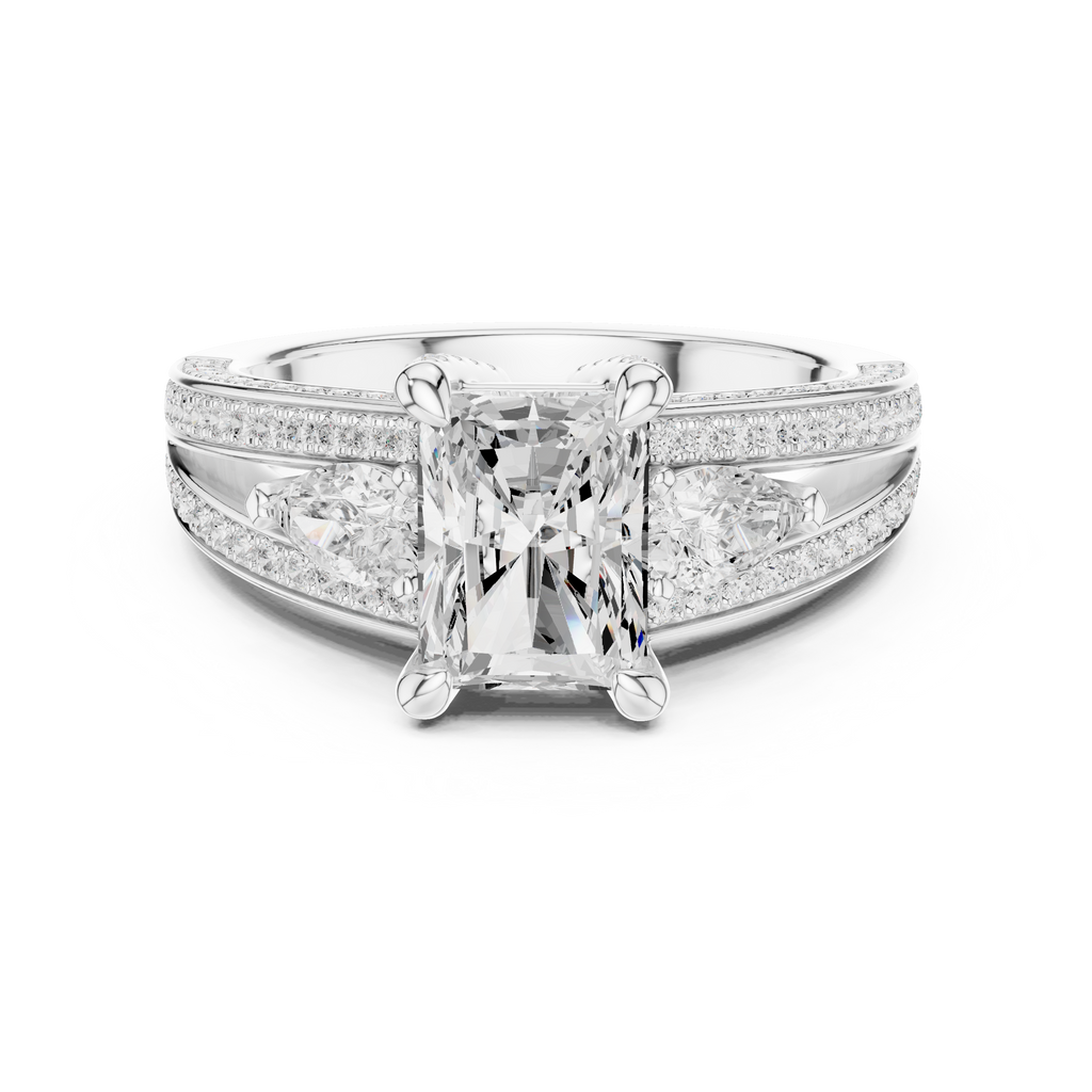 Radiant Cut Diamond & Pear Side Stone Engagement Ring