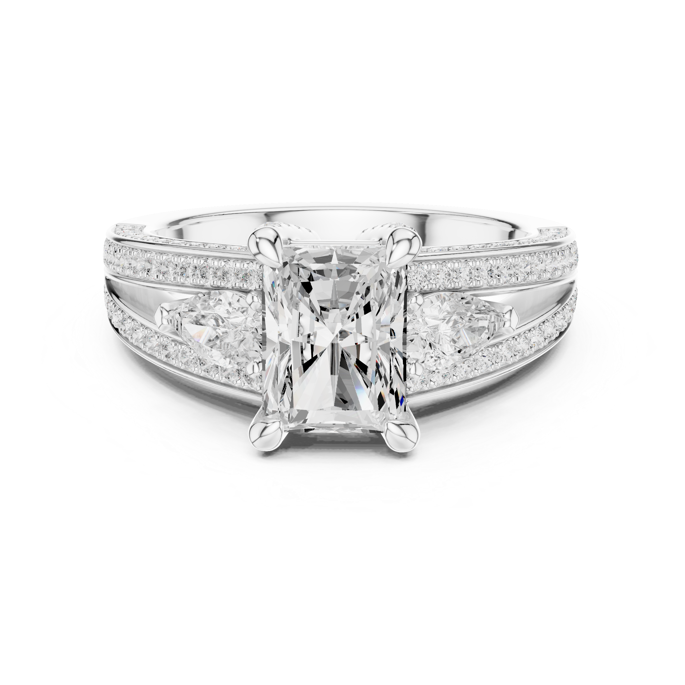 Radiant Cut Diamond & Pear Side Stone Engagement Ring