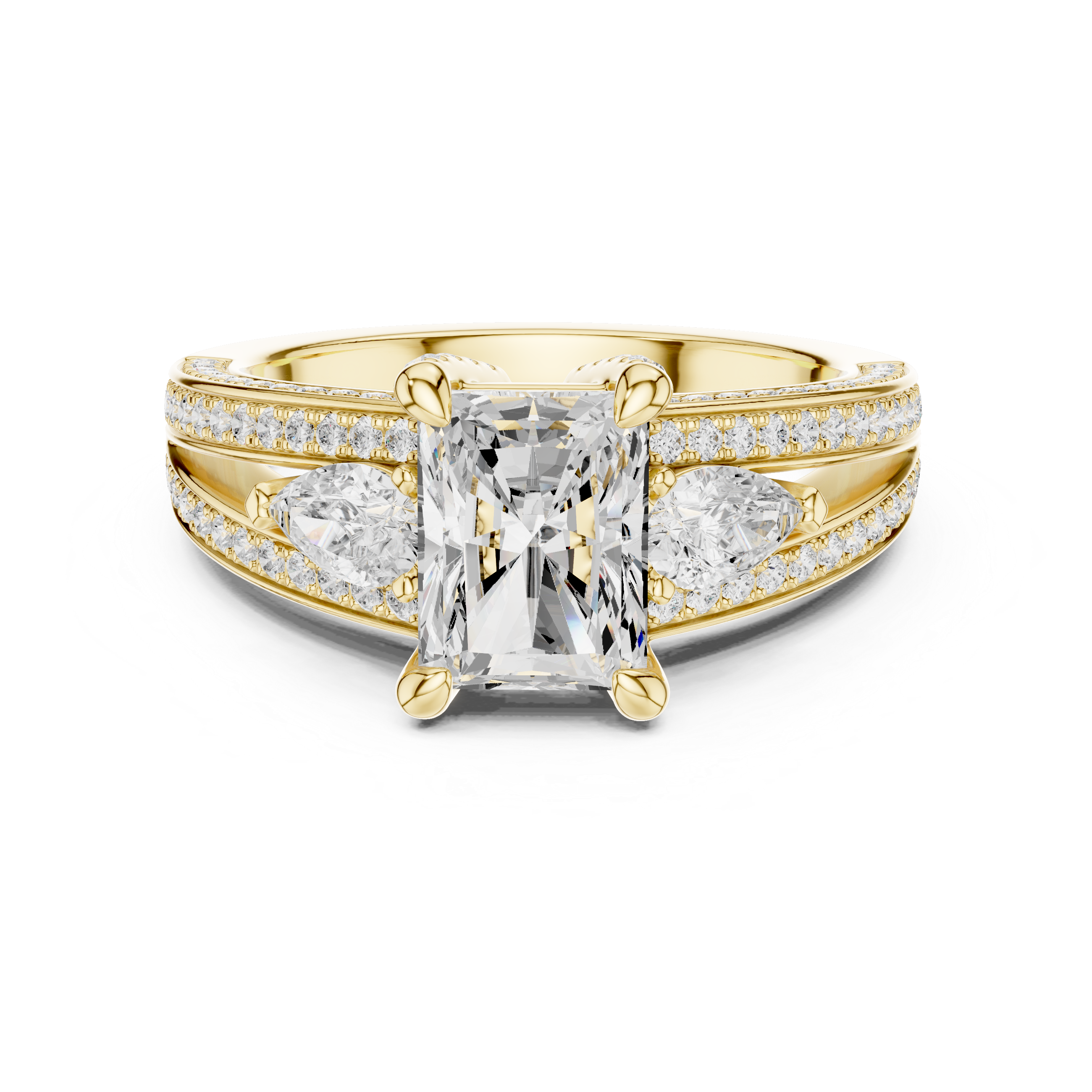 Radiant Cut Diamond & Pear Side Stone Engagement Ring