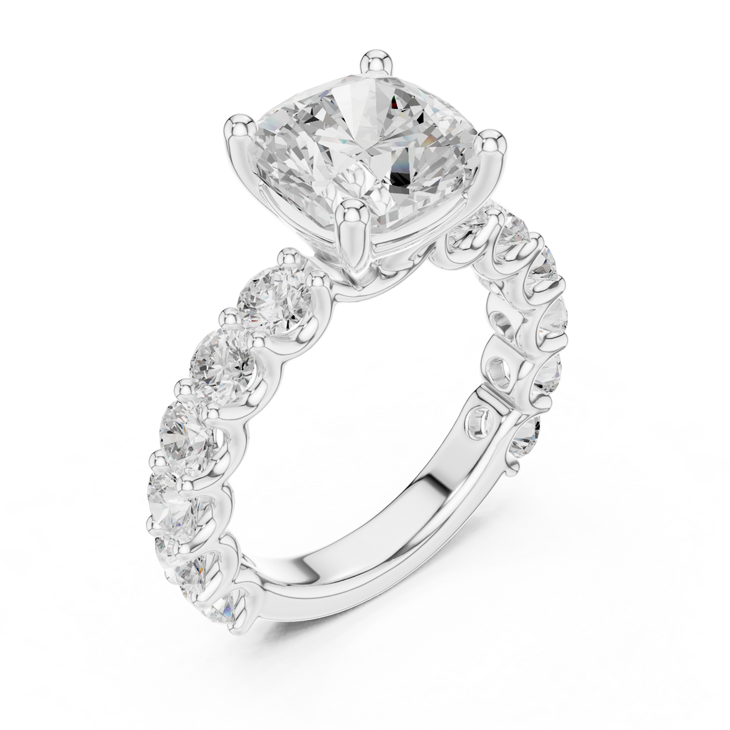 Cushion Cut Eternity Engagement Ring with Double Row Diamond Band