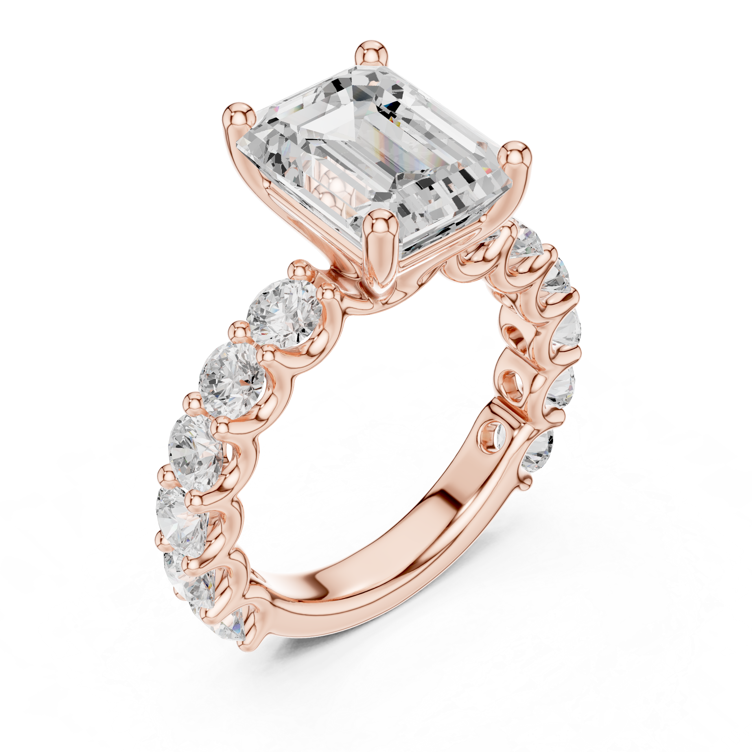 Emerald Cut Eternity Engagement Ring with Double Row Diamond Band