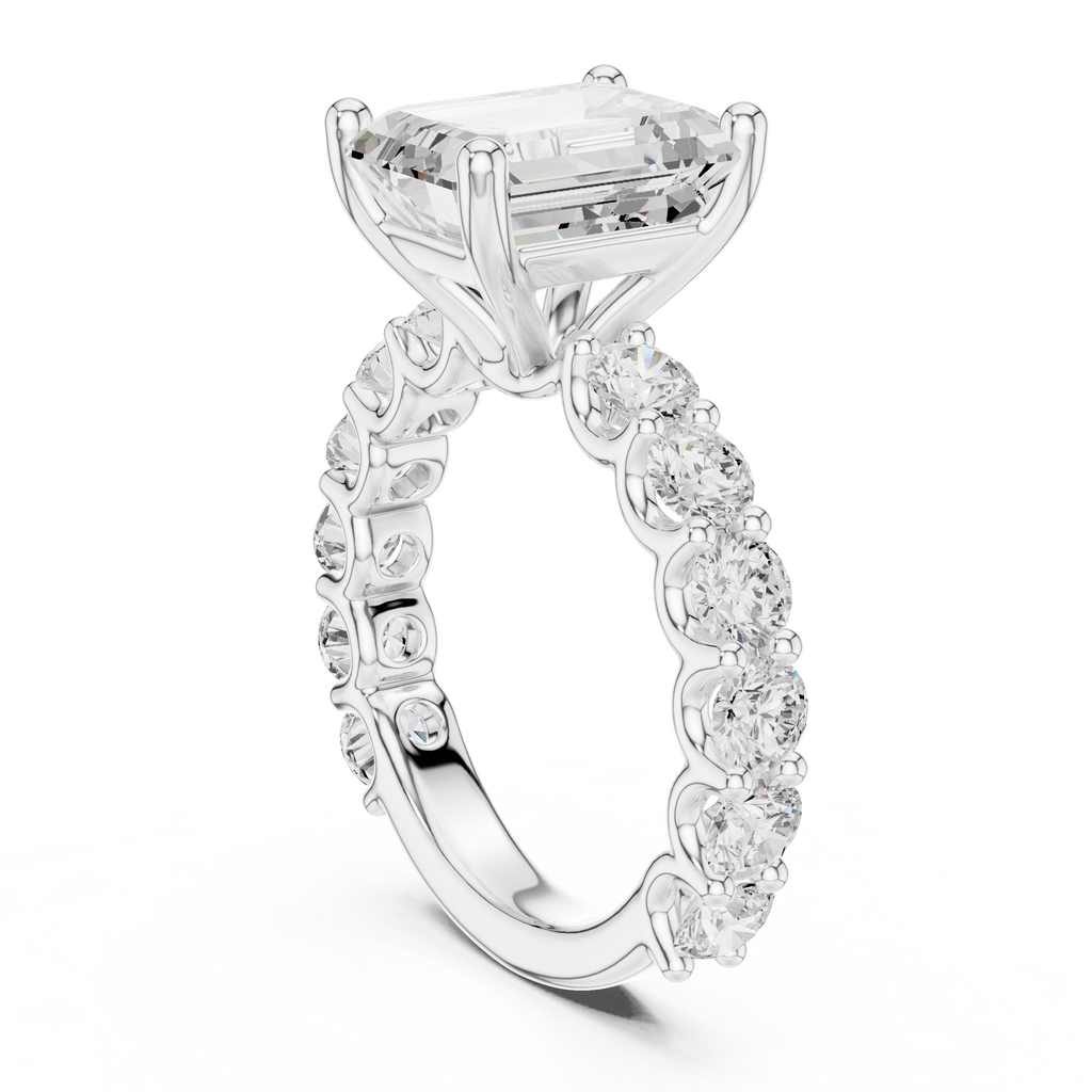 Emerald Cut Eternity Engagement Ring with Double Row Diamond Band