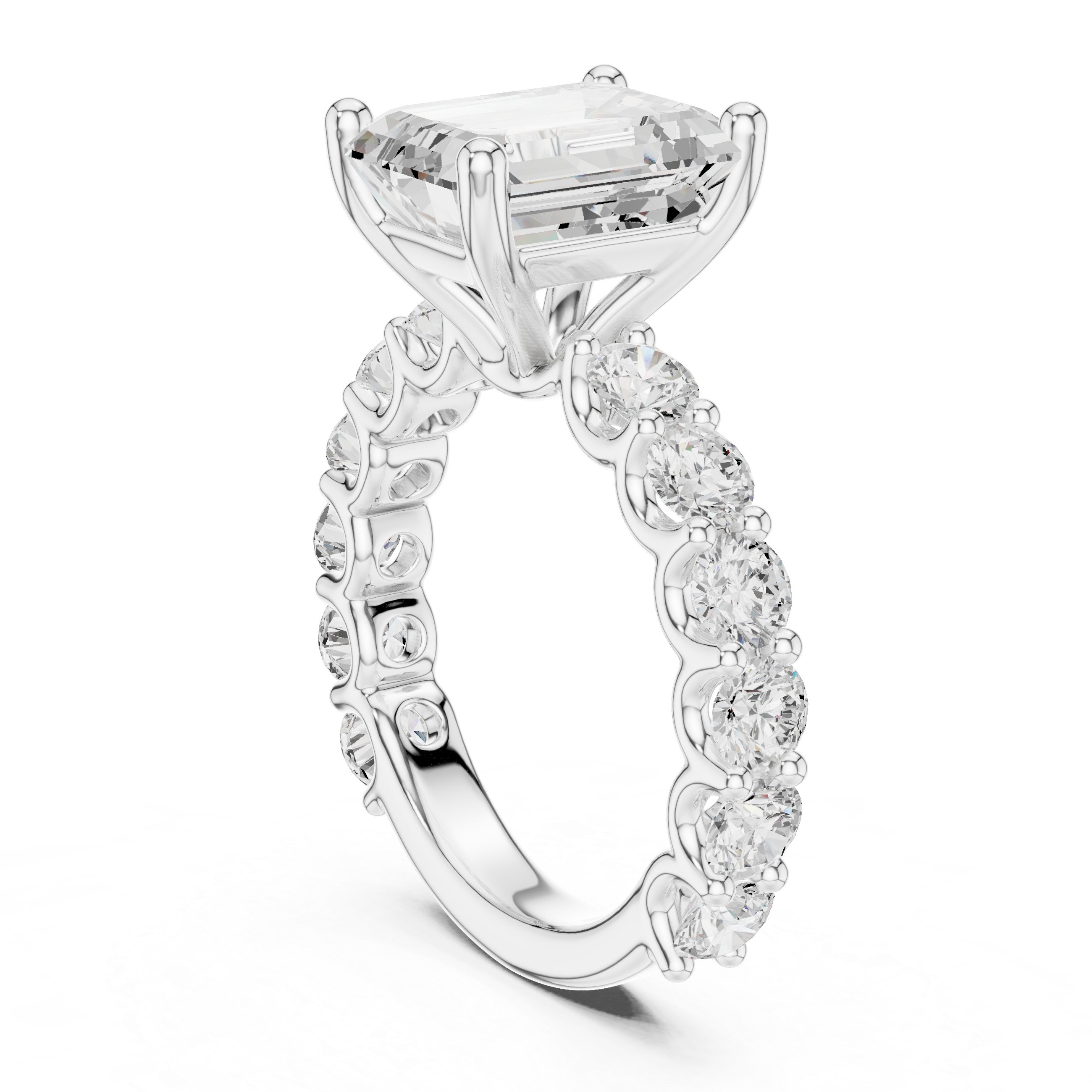 Emerald Cut Eternity Engagement Ring with Double Row Diamond Band